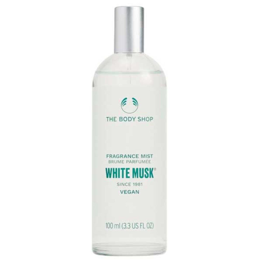 Transparente Flasche mit silbernem Sprühkopf. Etikett mit Logo, Text: White Musk, Fragrance Mist, Vegan. Volumen: 100 ml.