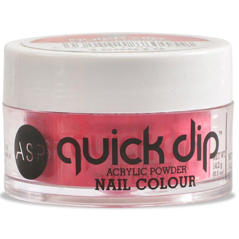 Behälter mit rotem Pulver, weißem Deckel und transparentem Boden. Aufschrift 'quick dip' und 'ACRYLIC POWDER NAIL COLOUR'. ASP Logo.