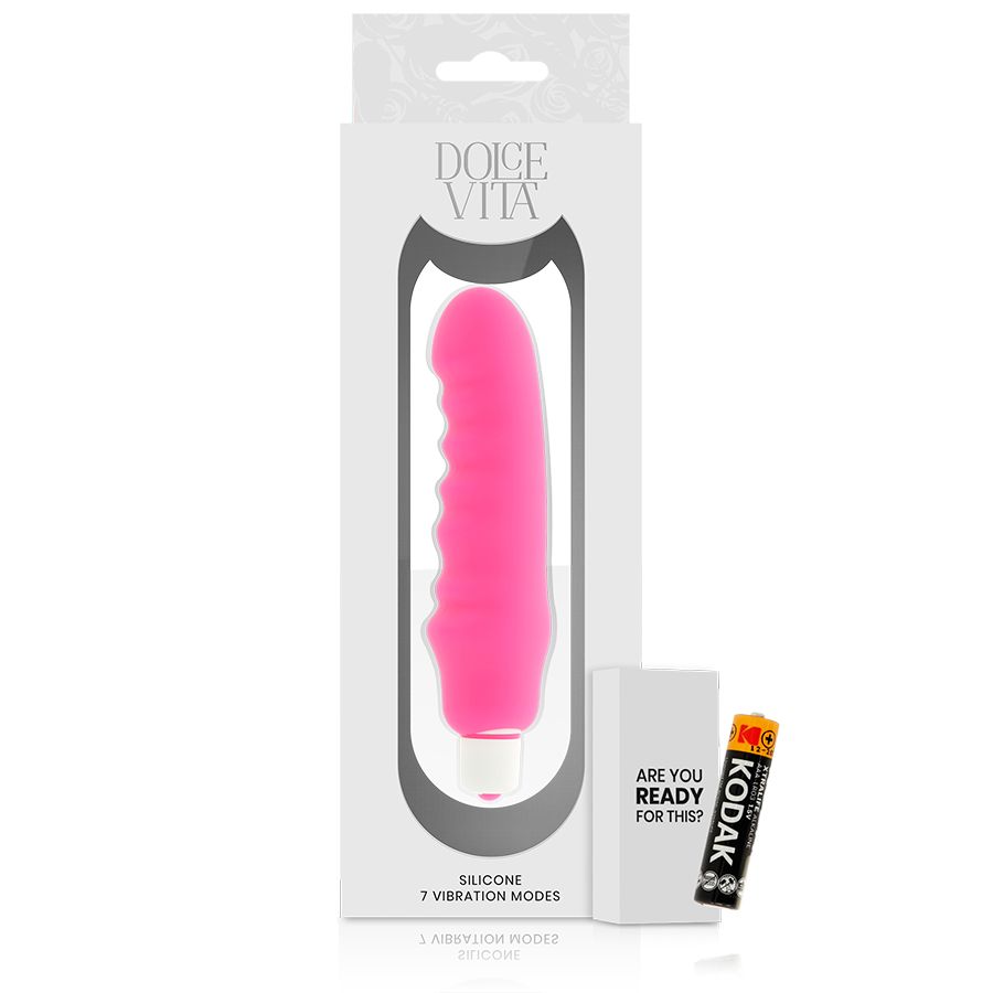 Rosa Silikon-Vibrator mit weißem Sockel. Verpackung mit Produktabbildung und Dolce Vita Logo. Text: SILICONE, 7 VIBRATION MODES. Mit Batterie.