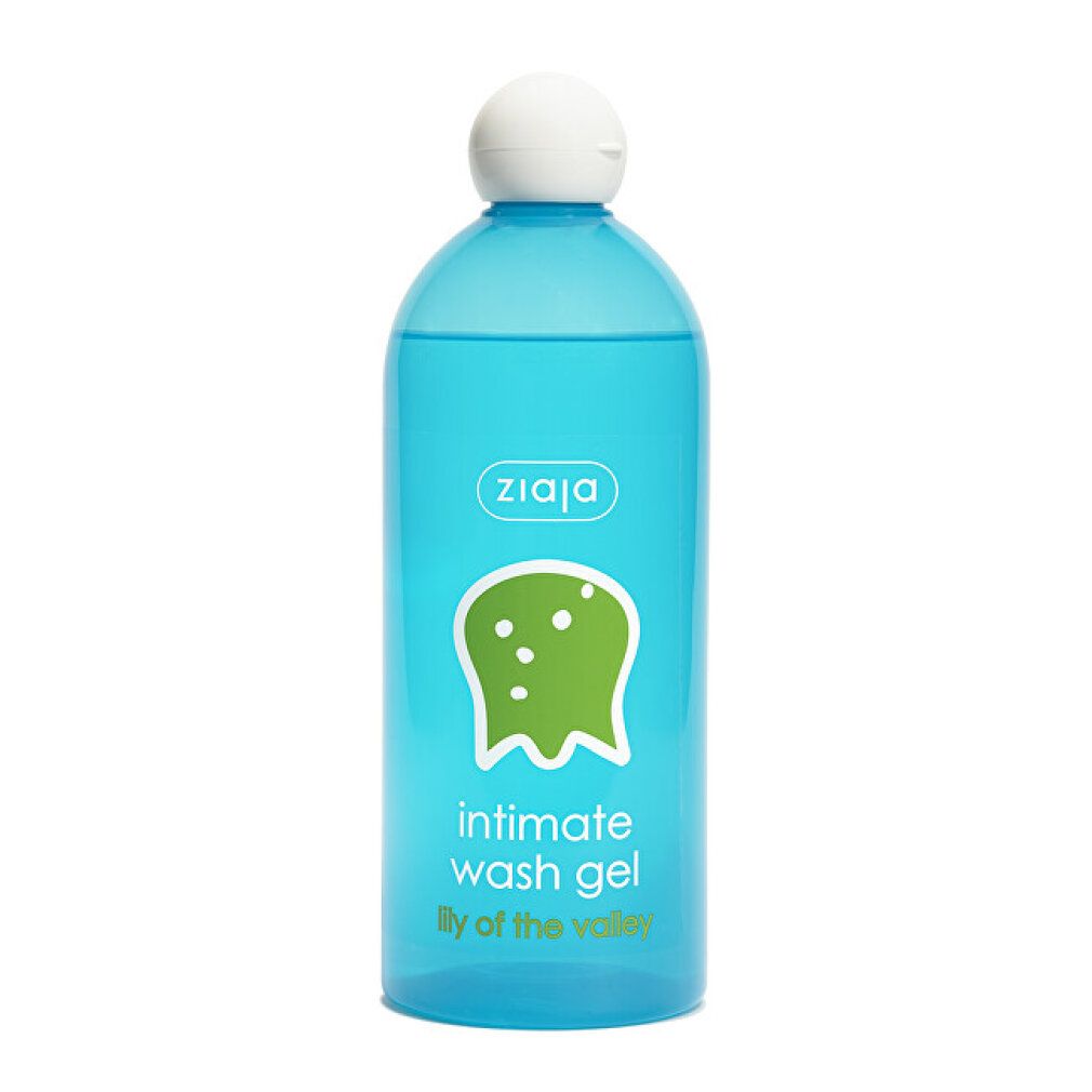 Türkisblaue Flasche mit weißem Deckel. Aufschrift: ziaja, Intimate Wash Gel, Lily of the valley. Grünes Logo.