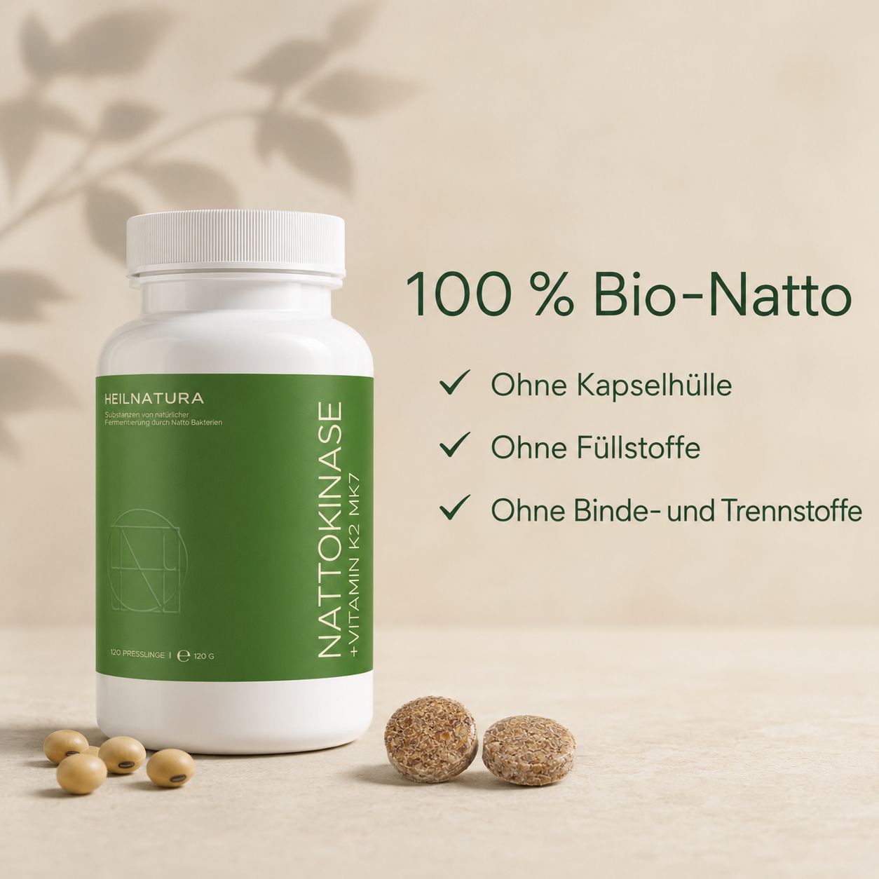 Dose Nattokinase + Vitamin K2 MK7 mit Text über 100% Bio-Natto, ohne Zusätze.