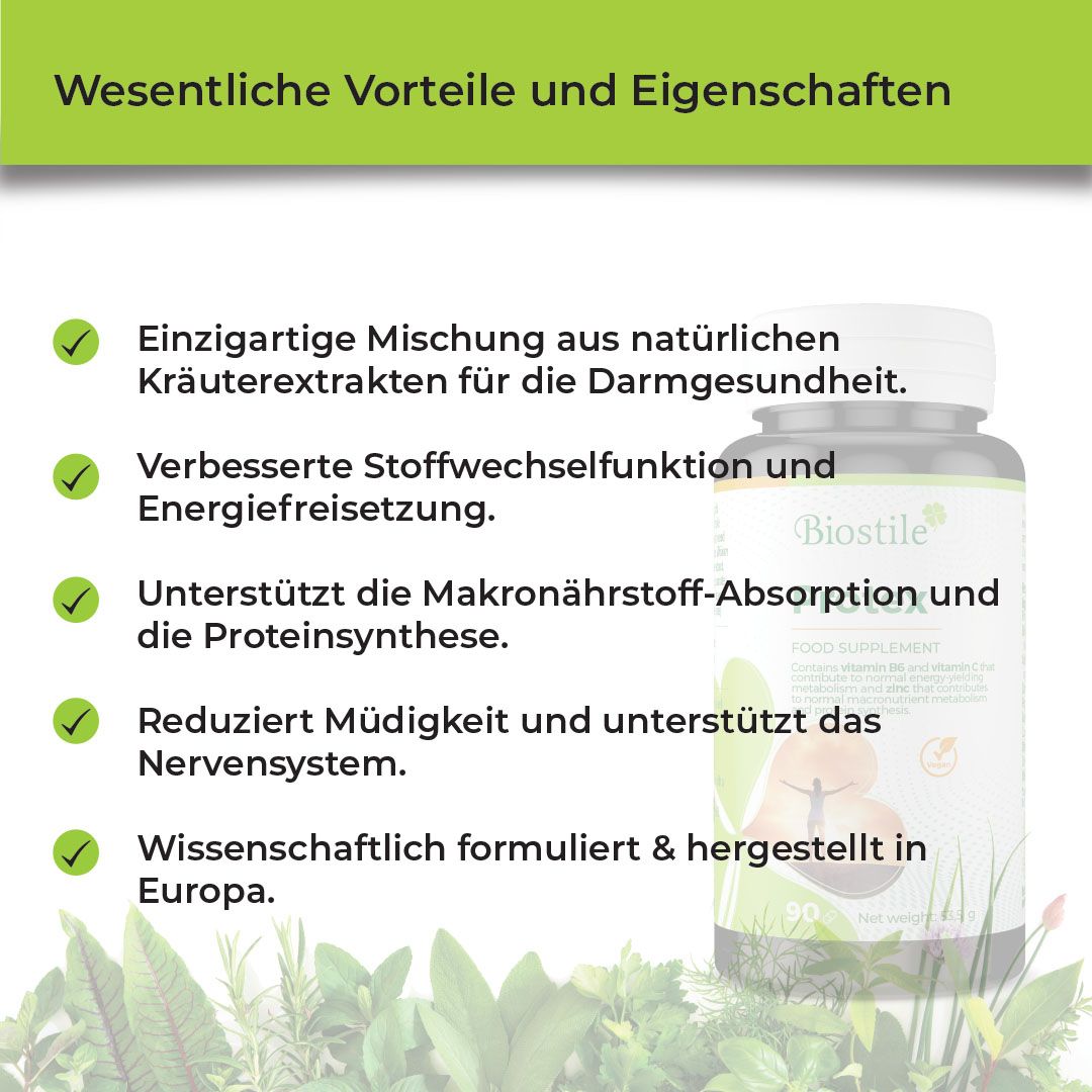 Text: Wesentliche Vorteile und Eigenschaften. Icons und Text zu Kräutern, Stoffwechsel und Energie.