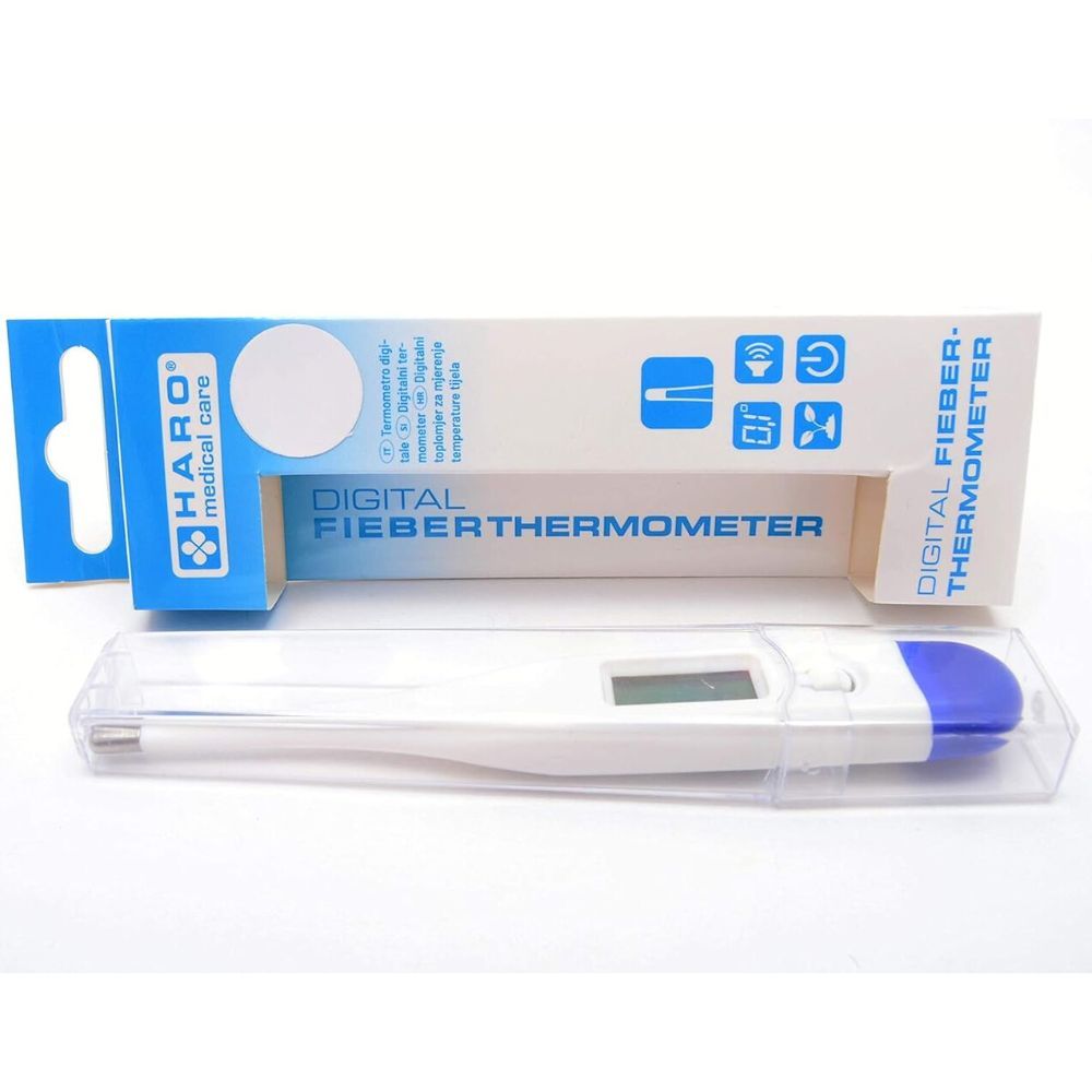 Digitale thermometer met beschermhoes. Witte behuizing, blauw uiteinde, groen display. HARO medical care logo.