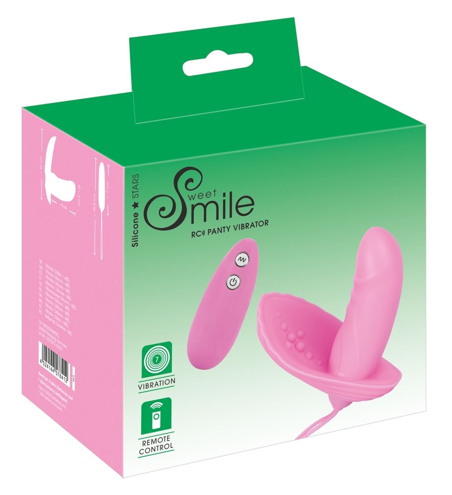 Rosa Vibrator mit Fernbedienung in Verpackung. Aufschrift: Sweet Smile. Funktionen: Vibration, Fernbedienung.