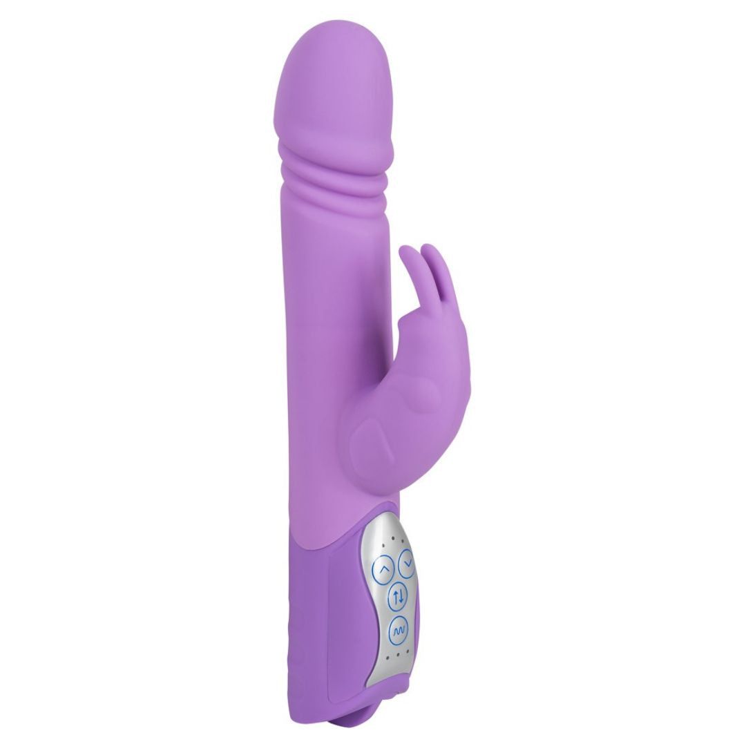 Lila Vibrator mit Stoßfunktion und Hasenohren. Mit Knöpfen zur Steuerung der Vibrationen.