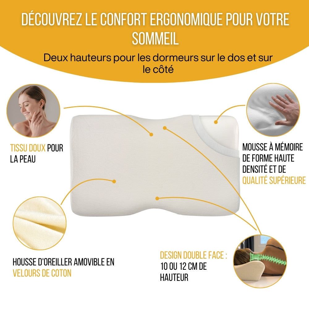 Image publicitaire: femme dormant sur le dos avec oreiller. Texte.