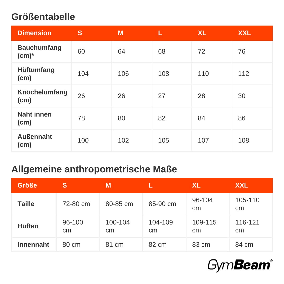 Größentabelle mit Maßen für Bauch-, Hüft-, Knöchelumfang, Innen- und Außennaht in cm für Größen S bis XXL.