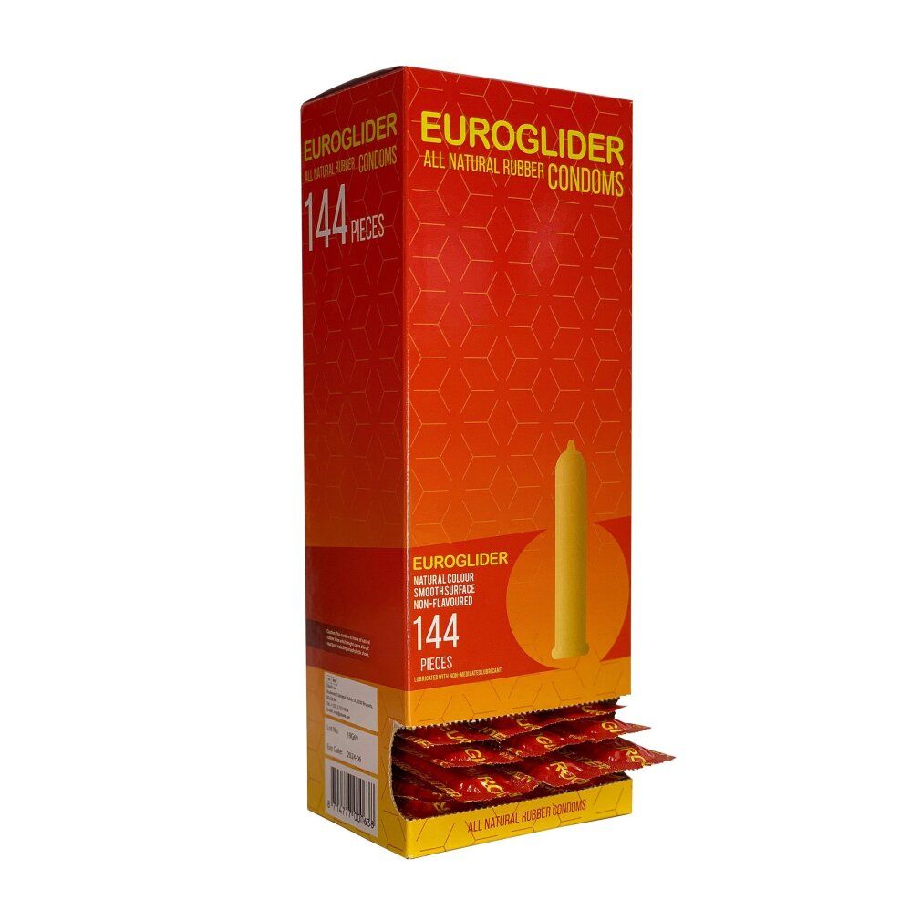 Euroglider-Verpackung mit 144 Kondomen. Geöffnete Verpackung mit Kondomen. Aufschrift: All Natural Rubber Condoms.
