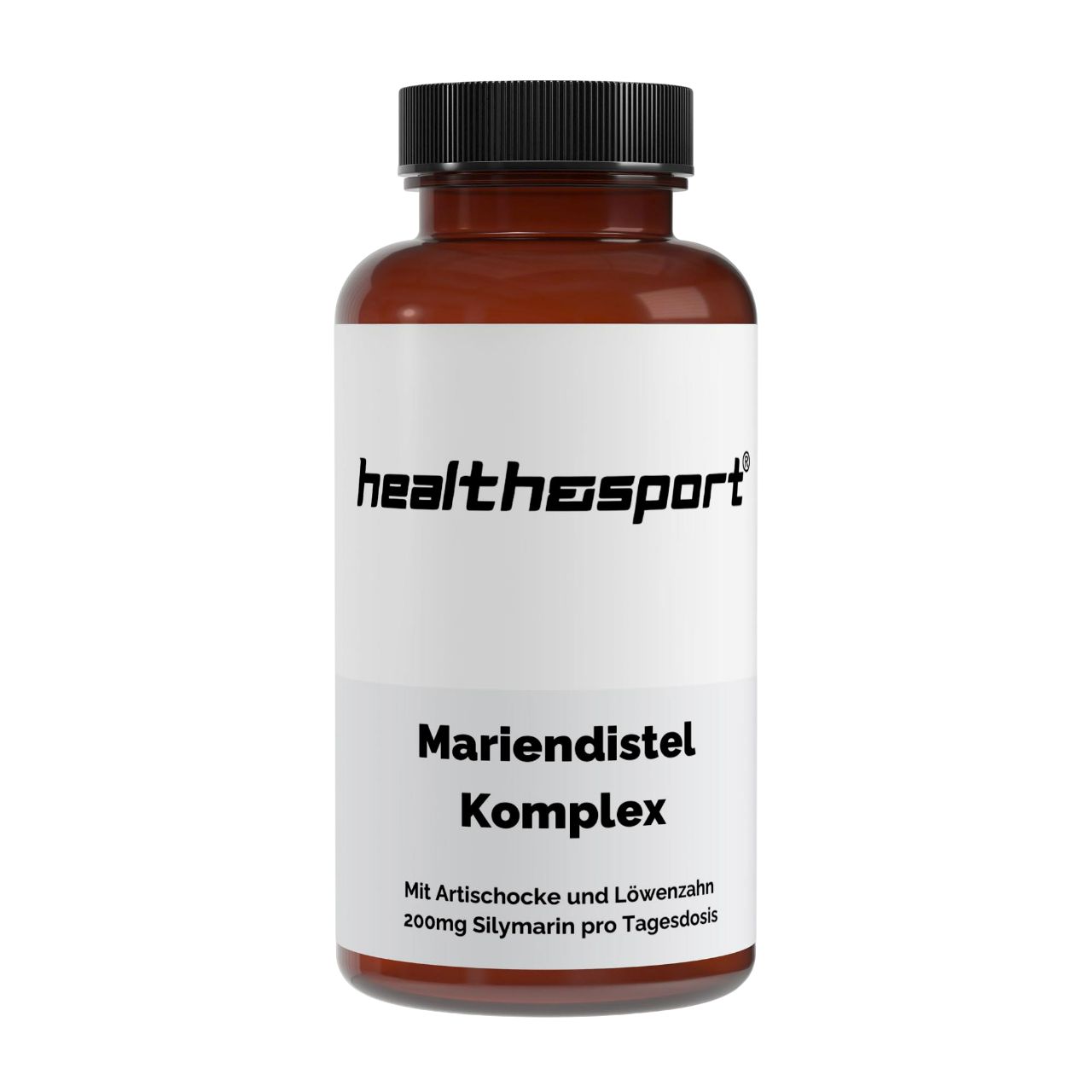 Braune Kapsel-Dose mit schwarzem Deckel. Weißes Etikett mit "health+sport"-Logo und Produktnamen "Mariendistel Komplex".