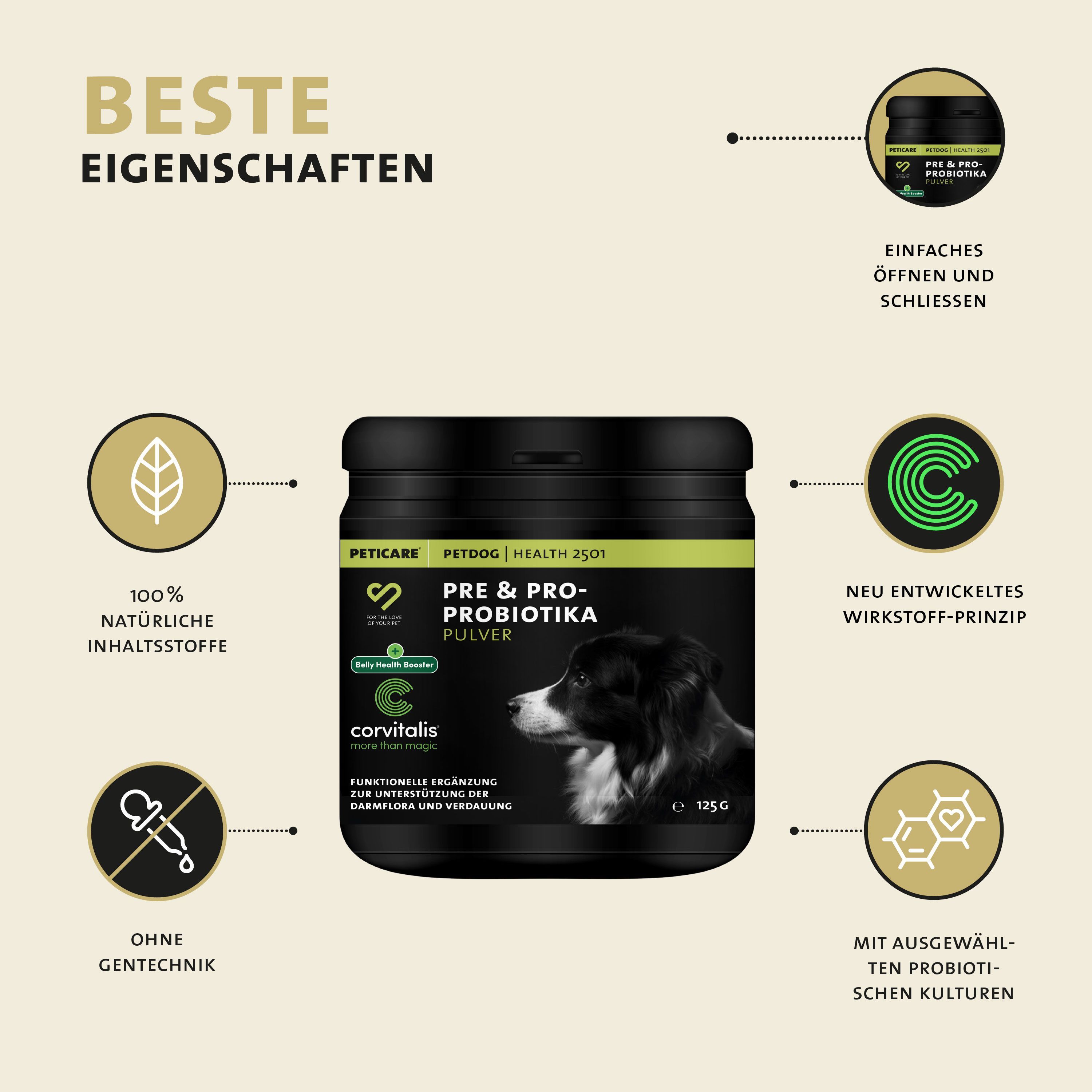 Dose Peticare Petdog Health 2501. Text: Pre & Pro Biotika Pulver. 100% natürliche Inhaltsstoffe, ohne Gentechnik.