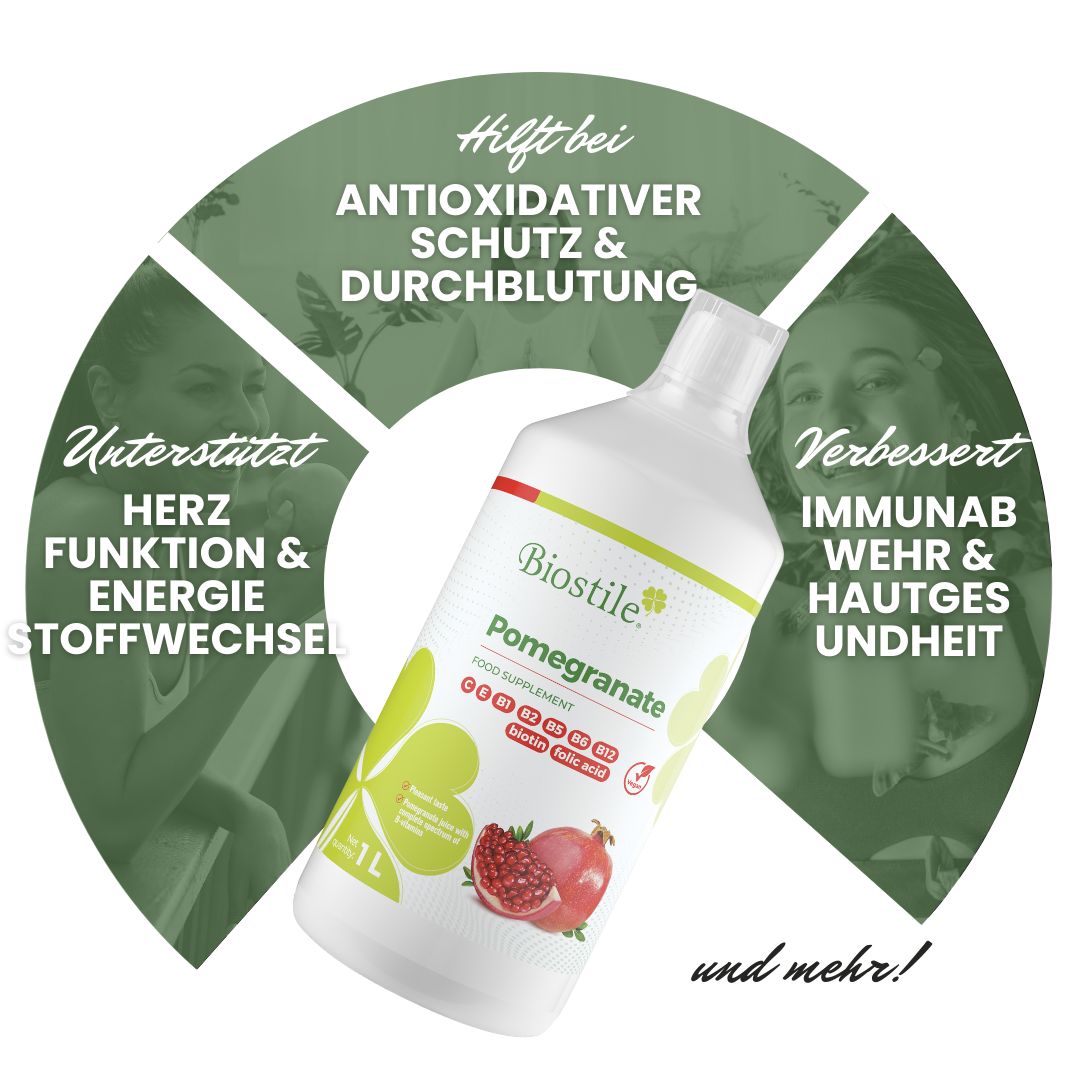 Flasche mit Etikett. Text: Hilft bei antioxidativem Schutz & Durchblutung. Weitere Vorteile in Kreisen.