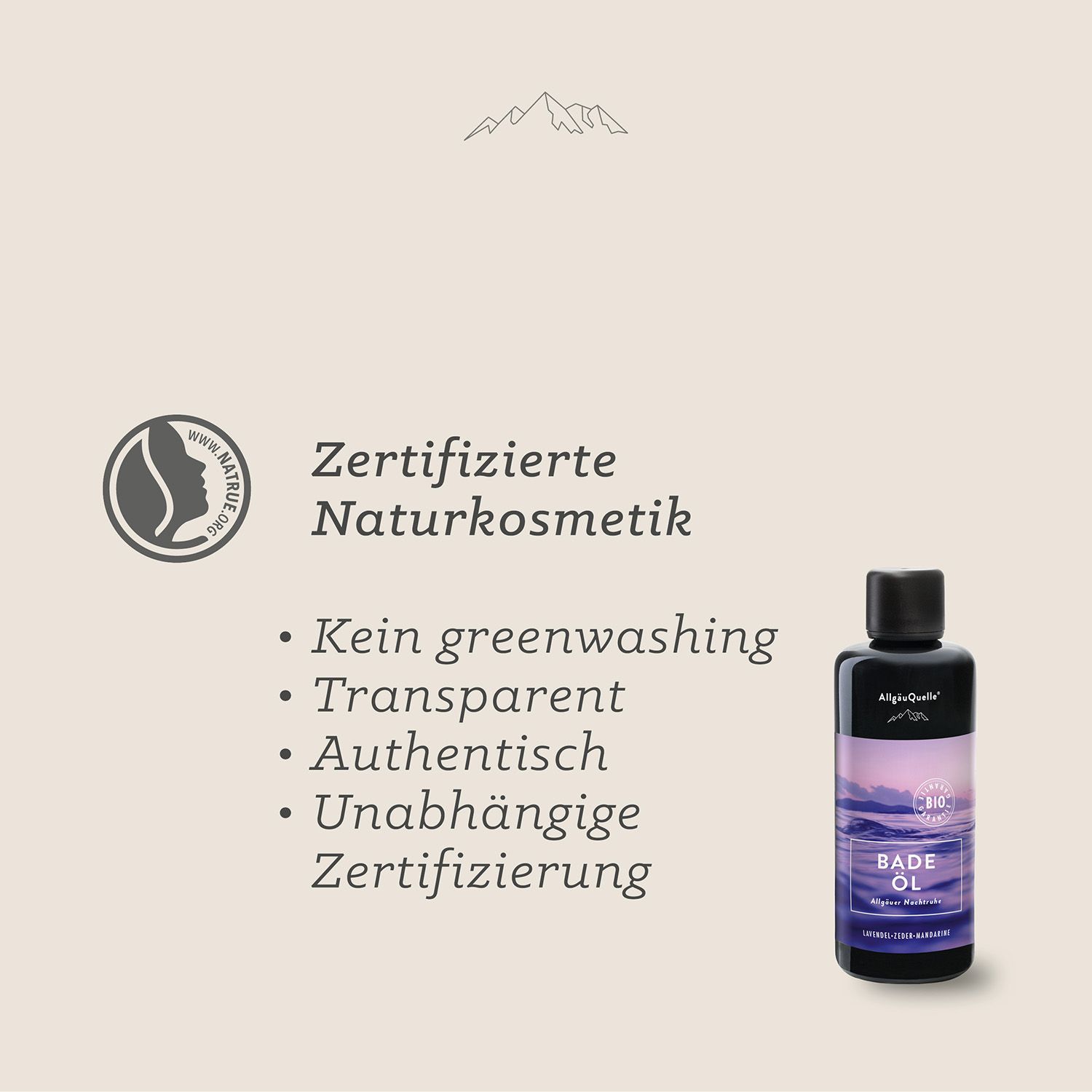 Logo für zertifizierte Naturkosmetik. Text: Kein Greenwashing, Transparent, Authentisch, Unabhängige Zertifizierung. Flasche.