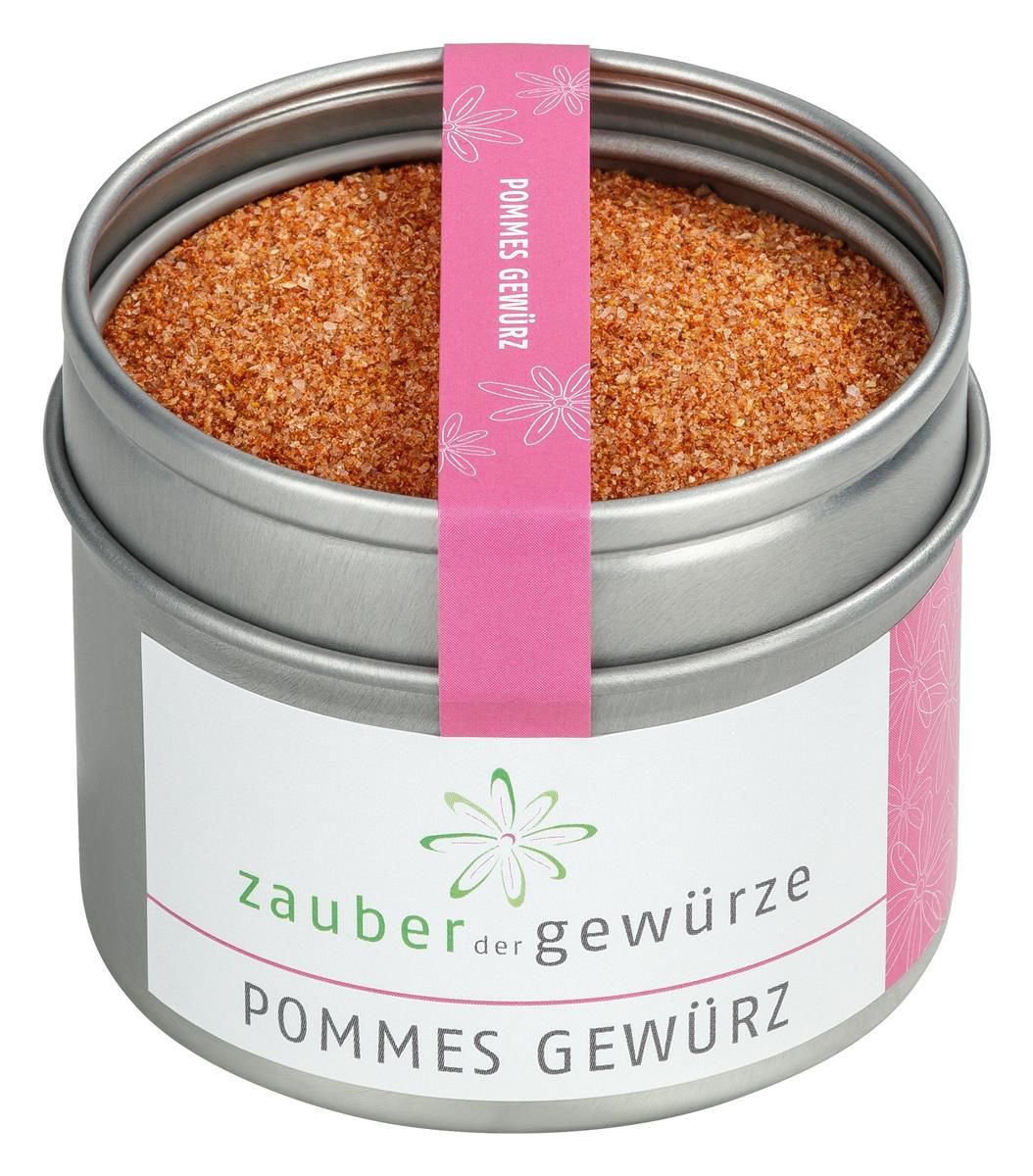 Runde Dose mit Pommes Gewürz. Rosa Etikett mit Schriftzug. Deckel mit Aufkleber.