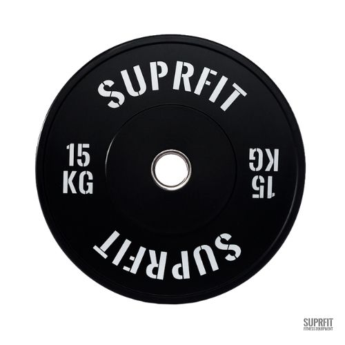 Schwarze Suprfit Econ Bumper Plate mit weißem Logo. 15 KG Gewicht. Runde Form.
