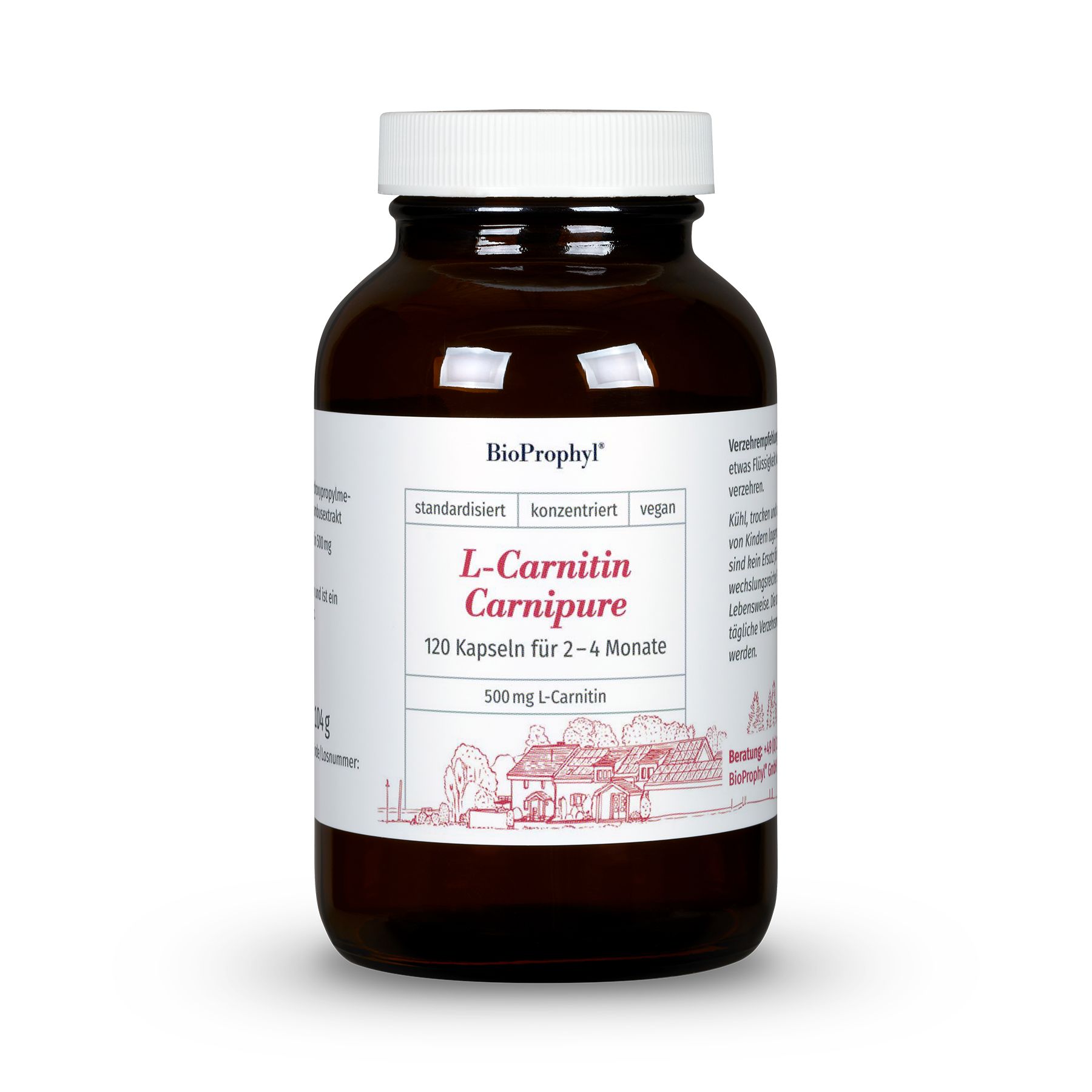 Braune Glasflasche mit weißem Deckel und Etikett. Aufschrift: L-Carnitin Carnipure, 120 Kapseln, 500 mg L-Carnitin.