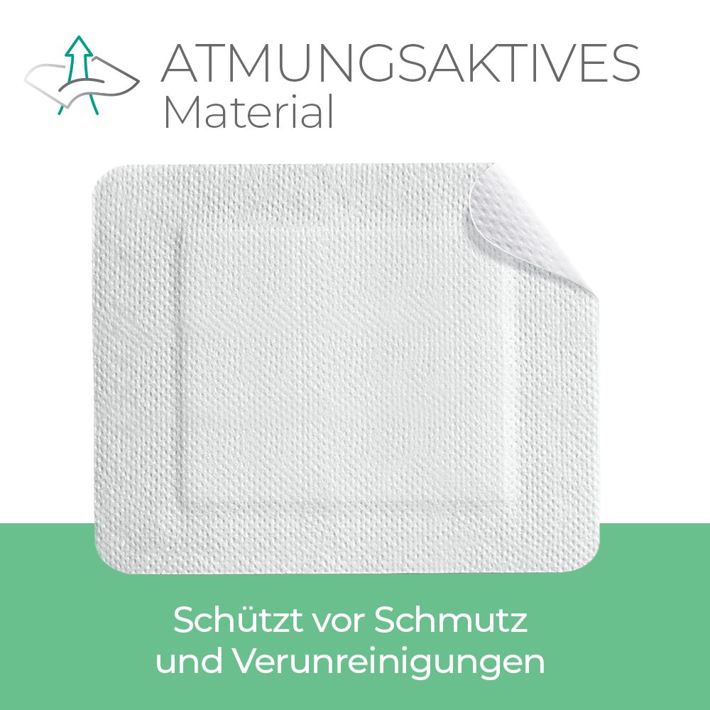 Ein atmungsaktives, weißes Pflaster mit Kleberand. Es schützt vor Schmutz und Verunreinigungen.