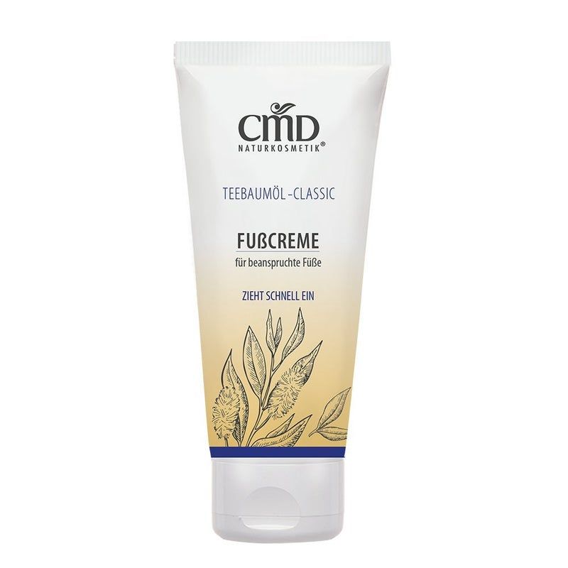 Creme-Tube mit Produktbezeichnung und Logo. Text: Teebaumöl-Classic, Fußcreme, für beanspruchte Füße. Zeichnung von Blättern.