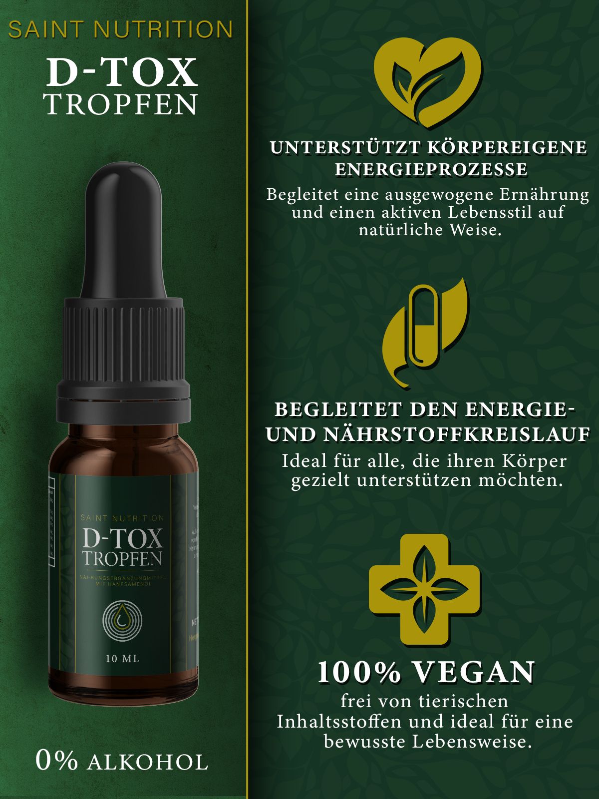 Produktflasche mit grüner Infografik. Text: Unterstützt körpereigene Energieprozesse, begleitet den Energie- und Nährstoffkreislauf, 100% vegan.