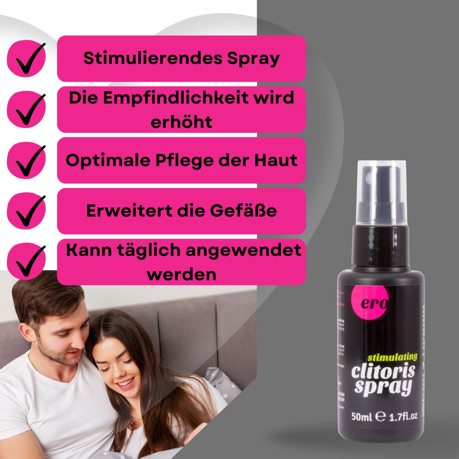 Ero Clitoris Spray und Vorteile. Flasche neben Infografik mit Vorteilen, Paar im Hintergrund.
