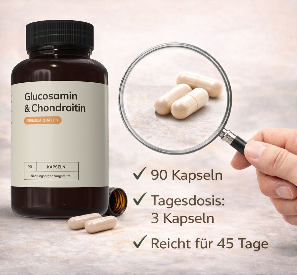 Braune Flasche mit Kapseln. Aufschrift: Glucosamin & Chondroitin. Premium Quality. 90 Kapseln. Tagesdosis: 3 Kapseln.