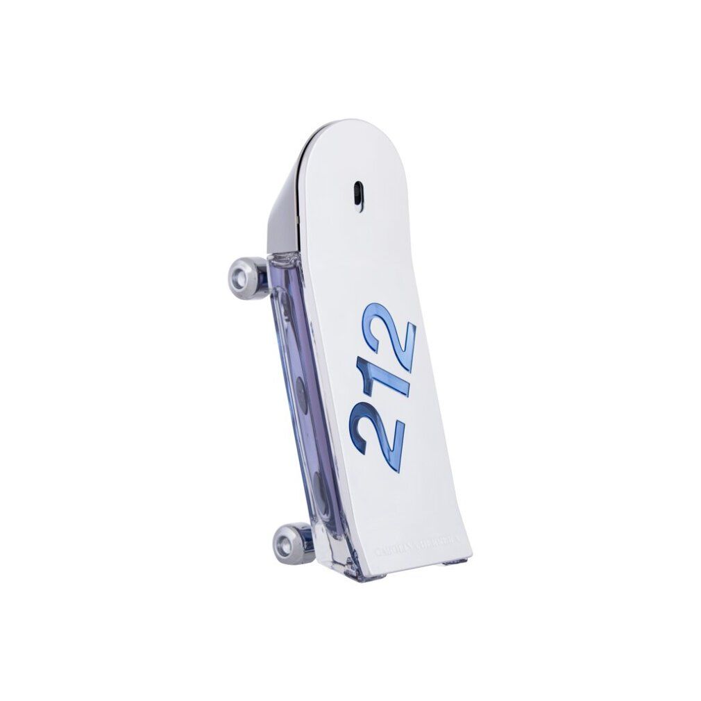 Weißer Flakon in Skateboard-Form. Blaue Ziffern '212'. Graue Rollen. Transparente Flüssigkeit sichtbar.