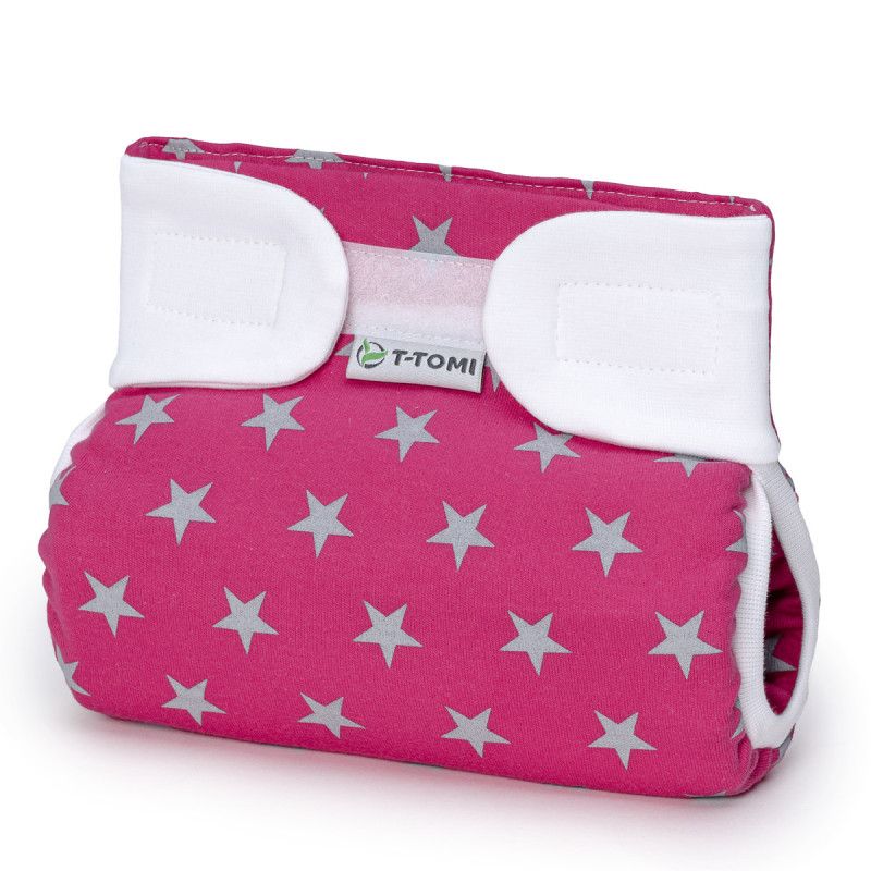 Magenta Stoffwindel mit Sternenmuster, Klettverschluss und T-TOMI Logo.