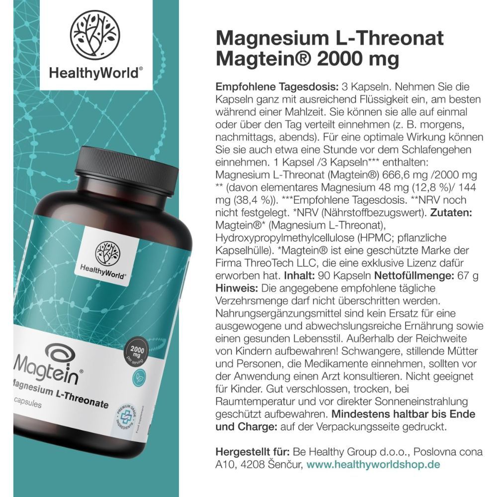 Text mit Flasche und Kapseln. Text: Magnesium L-Threonat Magtein® 2000 mg. 90 Kapseln. Inhaltsstoffe und Dosierung.