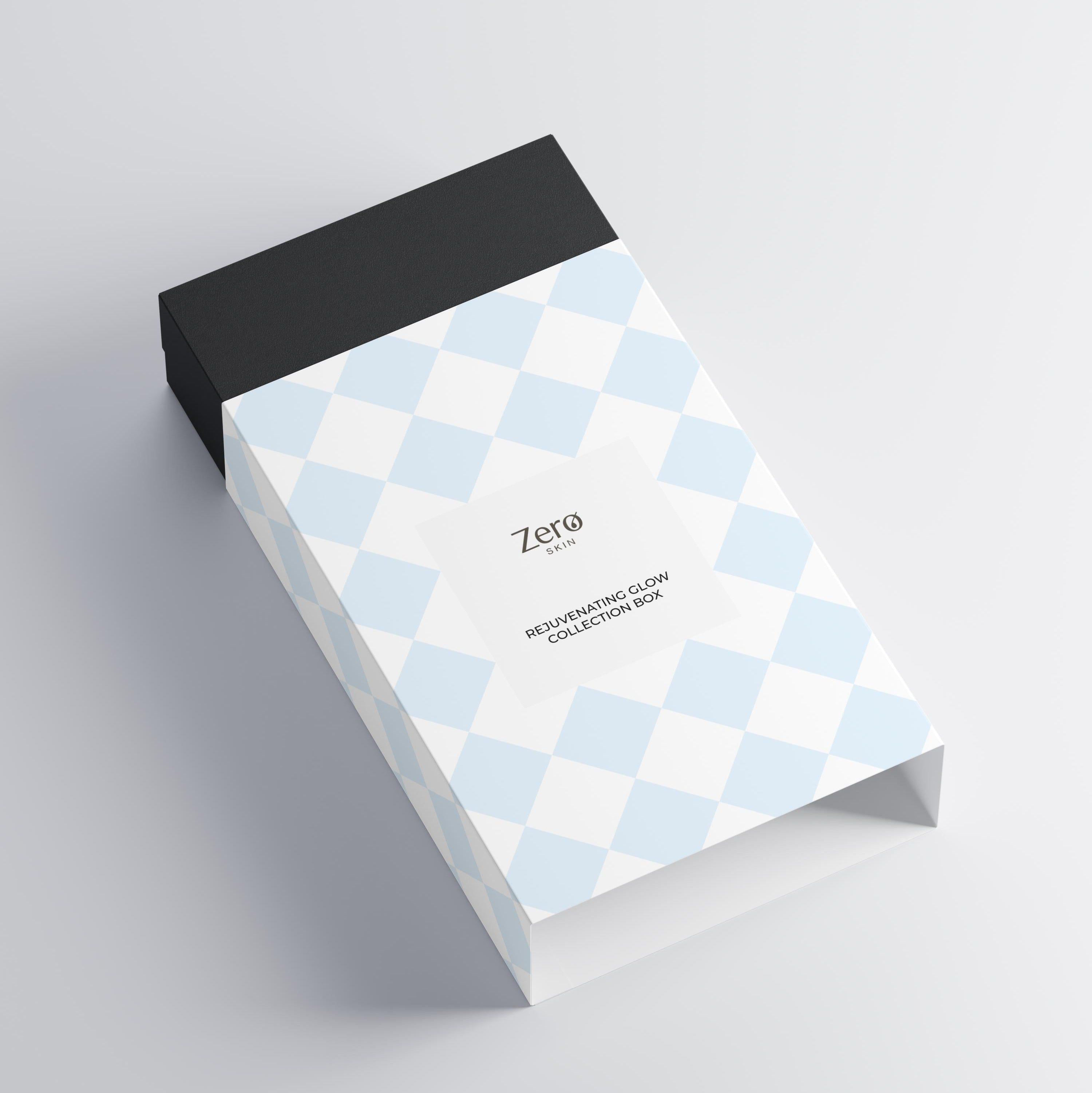 Box mit blauem Rautenmuster. Schwarzer Deckel. Aufschrift: Zero Skin, Rejuvenating Glow Collection Box.