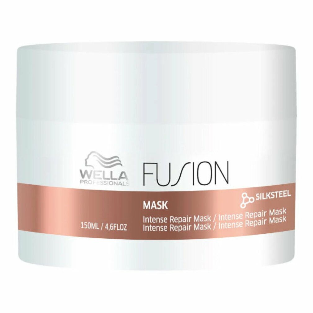 Weißer Tiegel mit braunem Streifen. Aufschrift: FUSION Mask, 150 ml. Enthält Silksteel.
