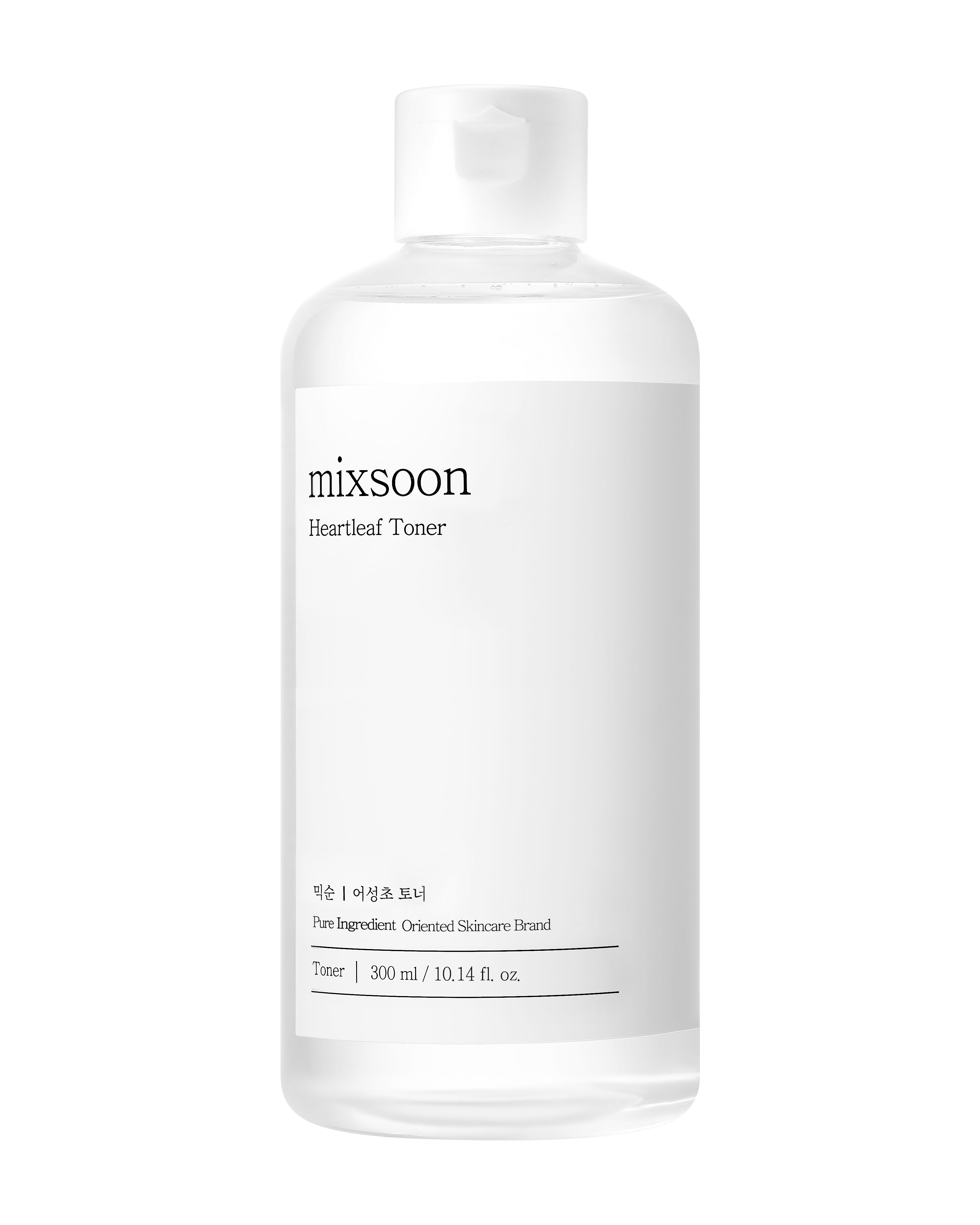 Klare Flasche mit weißem Etikett. Aufschrift: mixsoon Heartleaf Toner. Volumenangabe.