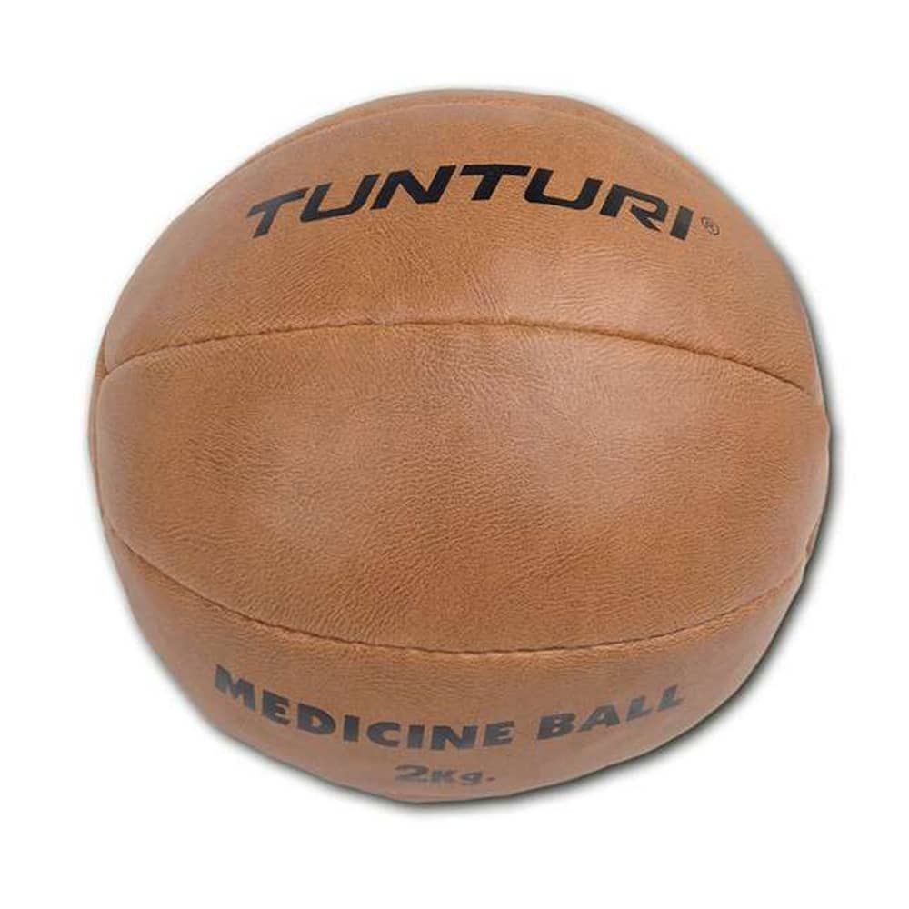 Brauner Medizinball aus Kunstleder. Aufschrift: Tunturi, Medicine Ball, 2 kg.