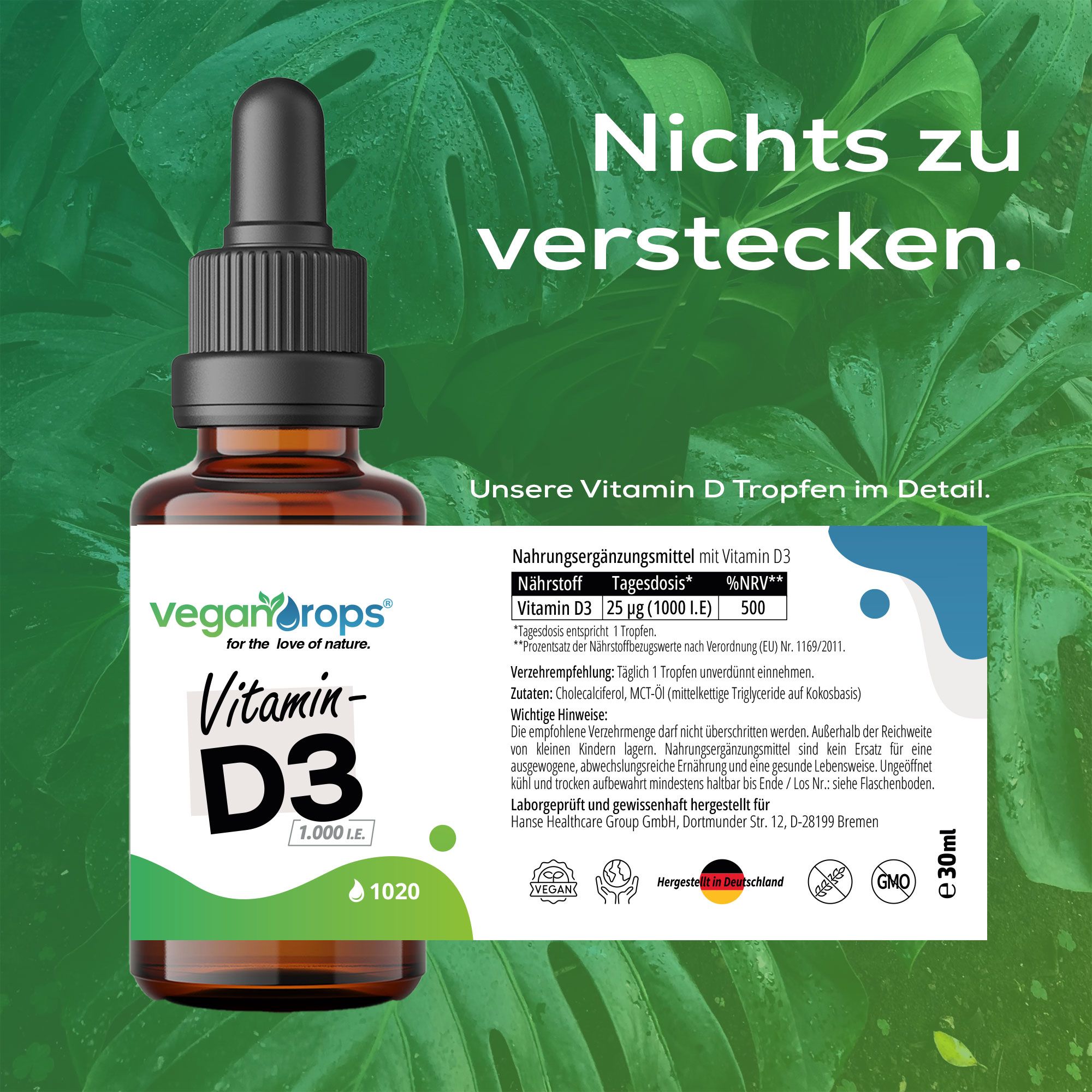 Braune Flasche mit schwarzem Verschluss. Auf dem Etikett steht "Vegan Drops" und "Vitamin D3". Daneben eine Tabelle mit Nährwertangaben.