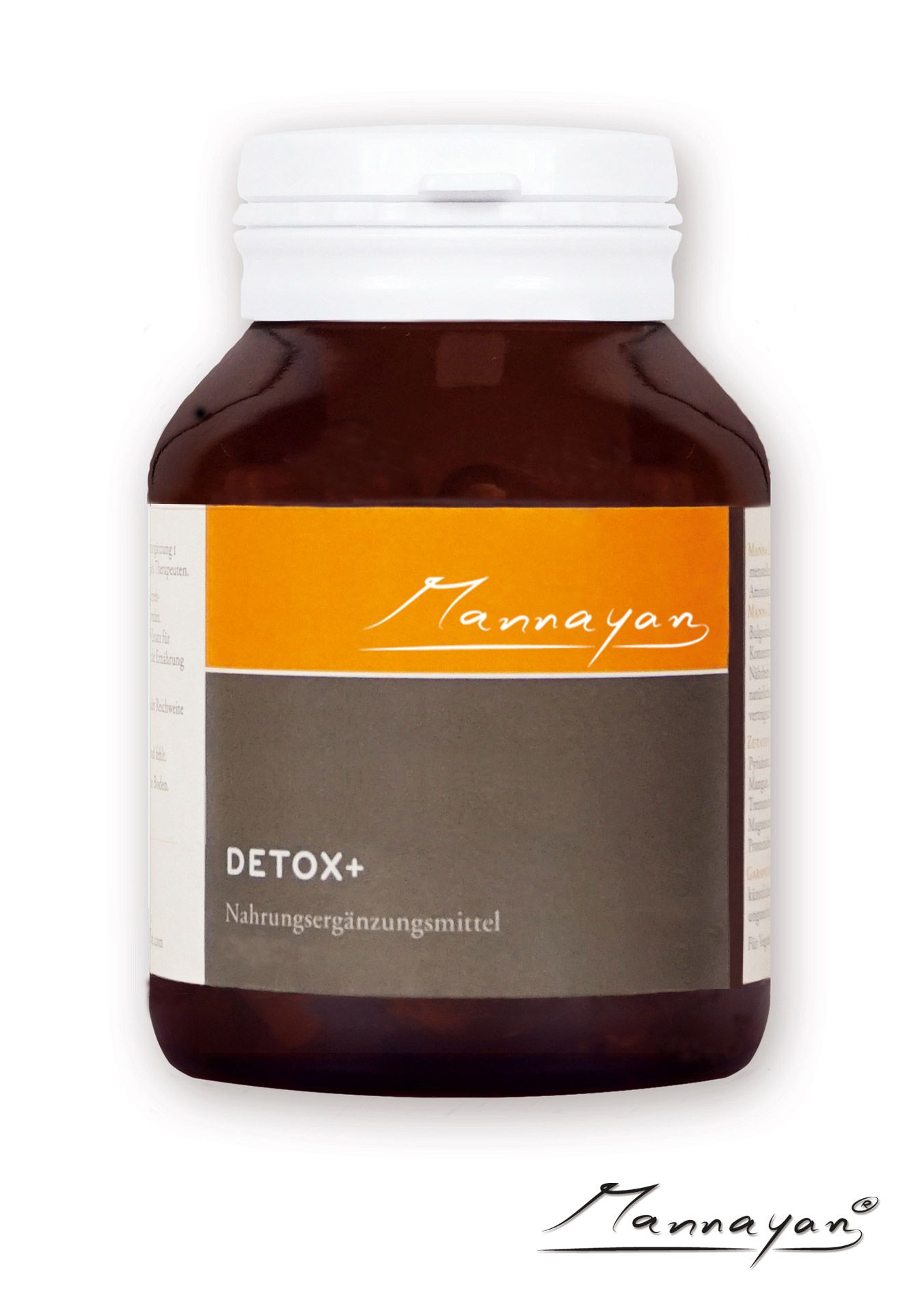 Braune Flasche mit weißem Deckel. Etikett mit "Mannayan"-Logo und "DETOX+". Nahrungsergänzungsmittel.
