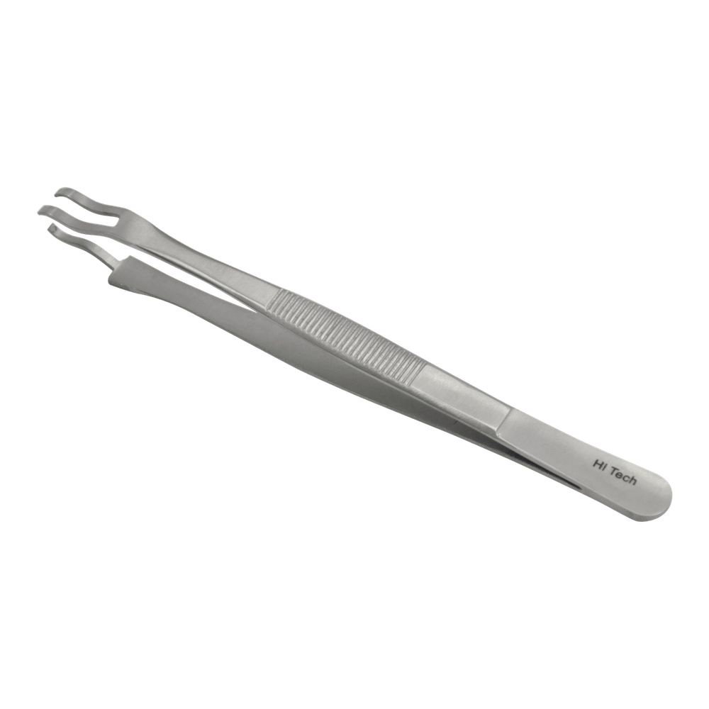 Sterilisationszange aus Metall. Greifende Enden mit drei Zähnen. Geriffelte Grifffläche. Aufschrift "Hi Tech".