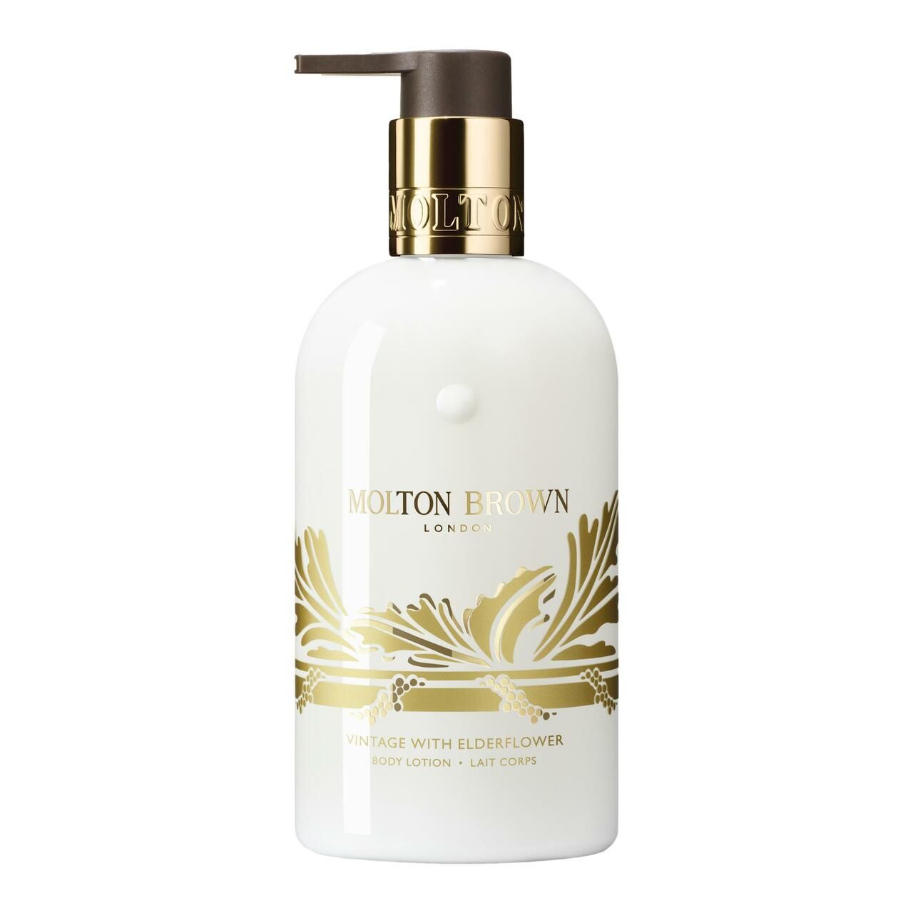 Weiße Flasche mit goldfarbenem Aufdruck und Pumpverschluss. Aufschrift: Molton Brown London, Vintage with Elderflower, Body Lotion.