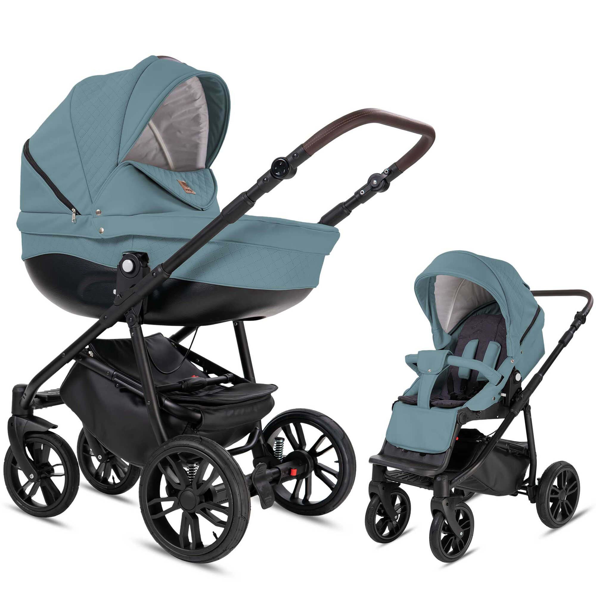 Kombikinderwagen, blau-grau, mit Luftreifen. Zwei Konfigurationen: Babywanne und Sportsitz. Schwarzes Gestell, brauner Griff.