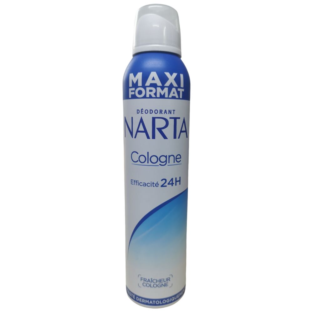 Deodorant-Cologne-Spraydose. Blau-weißes Design. Aufschrift: MAXI FORMAT, NARTA Cologne, Efficacité 24H. Dermatologisch getestet.