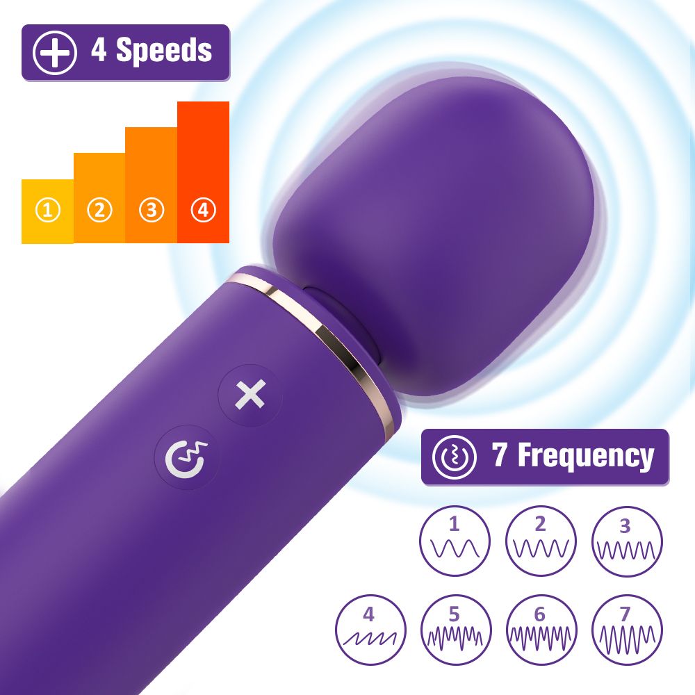 Lila Massagegerät mit 4 Geschwindigkeiten und 7 Frequenzen. Bedienknöpfe. Wellen-Symbole.