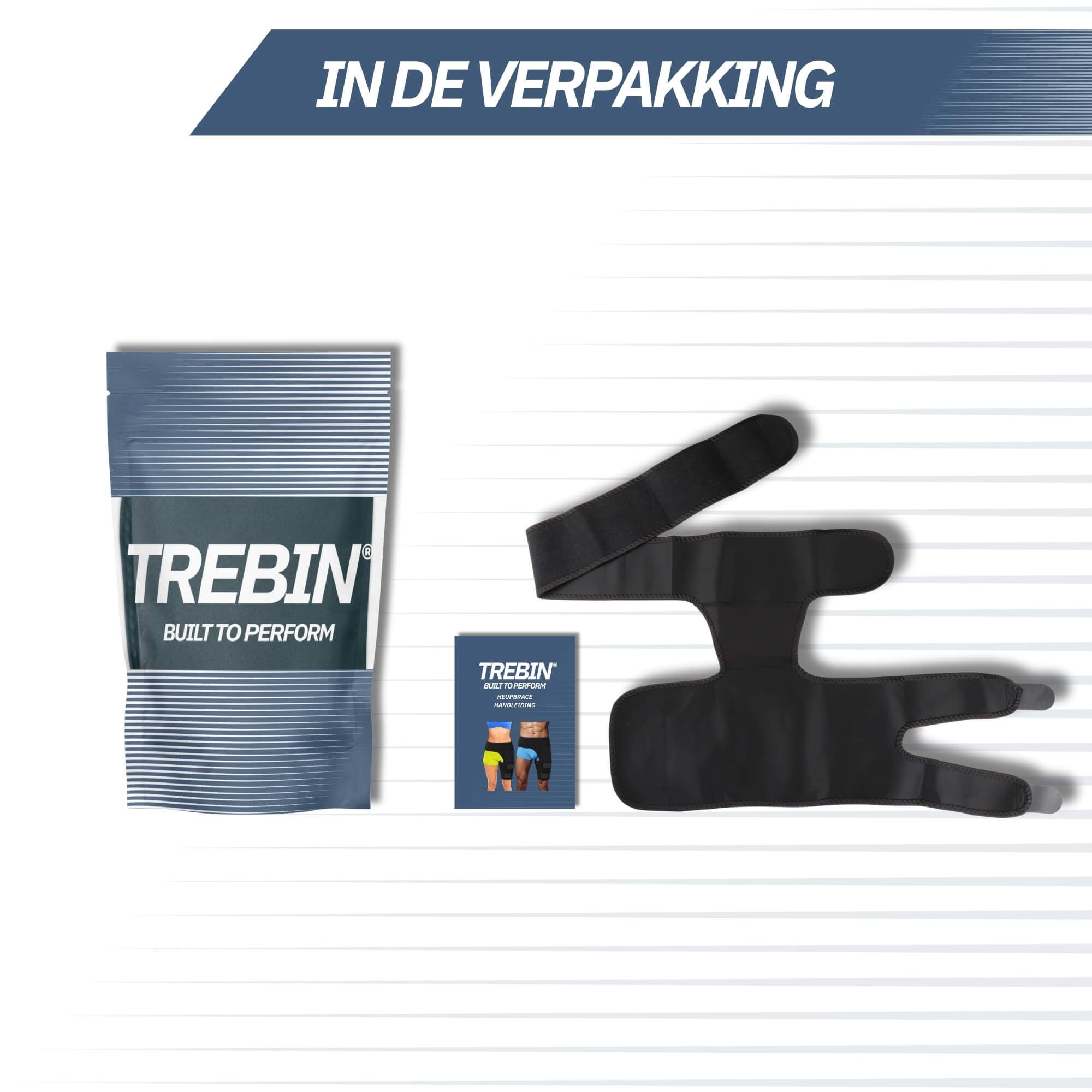 Verpackung mit Trebin-Logo, einer Anleitung und einem schwarzen Hüft- und Oberschenkel-Stützgurt.