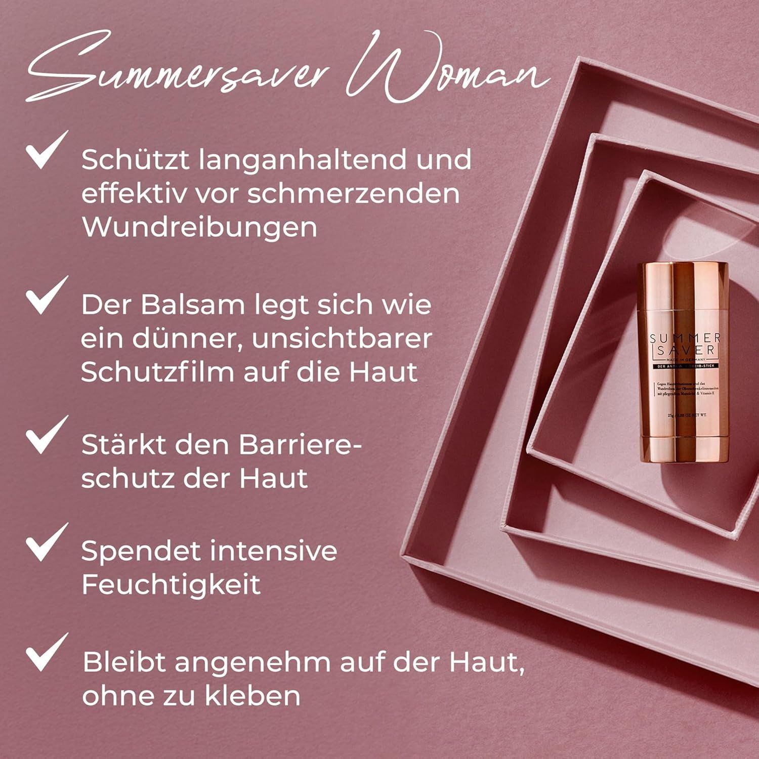 Summersaver Anti-Wundreib-Stick Woman mit Liste der Vorteile auf roségoldfarbenem Hintergrund.