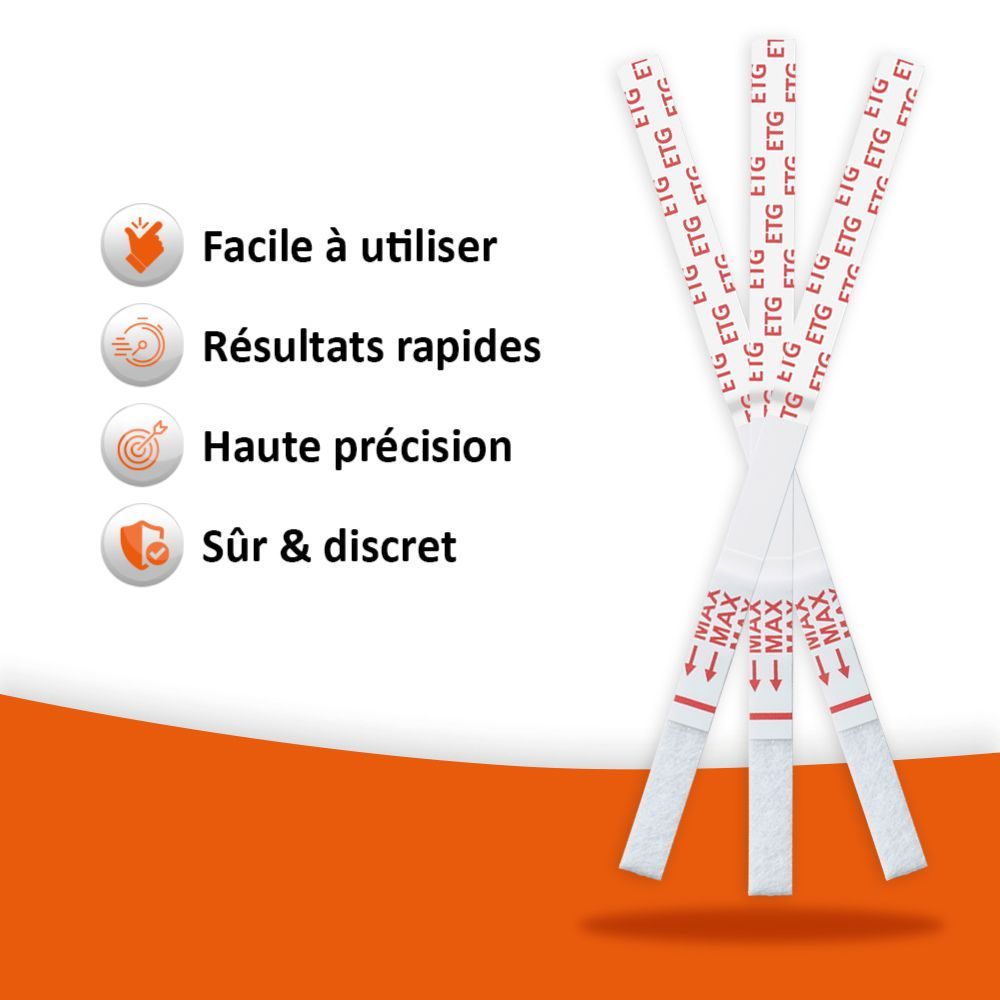 Bandelettes de test avec impression ETG. Quatre bandelettes avec marquages et flèches rouges. Texte: ETG.
