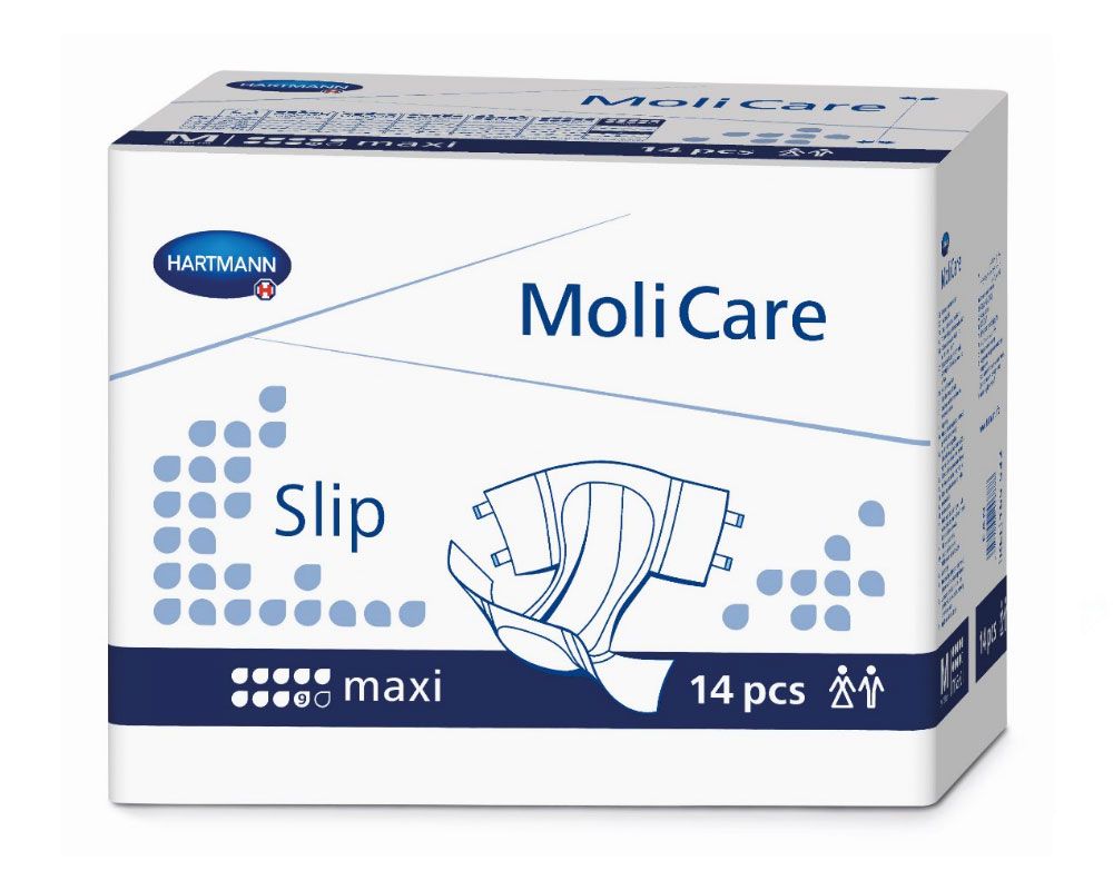 MoliCare Slip maxi Gr. L, 14 Stück Packung. Hartmann Logo. Produktabbildung. Größe L: 120-150 cm.