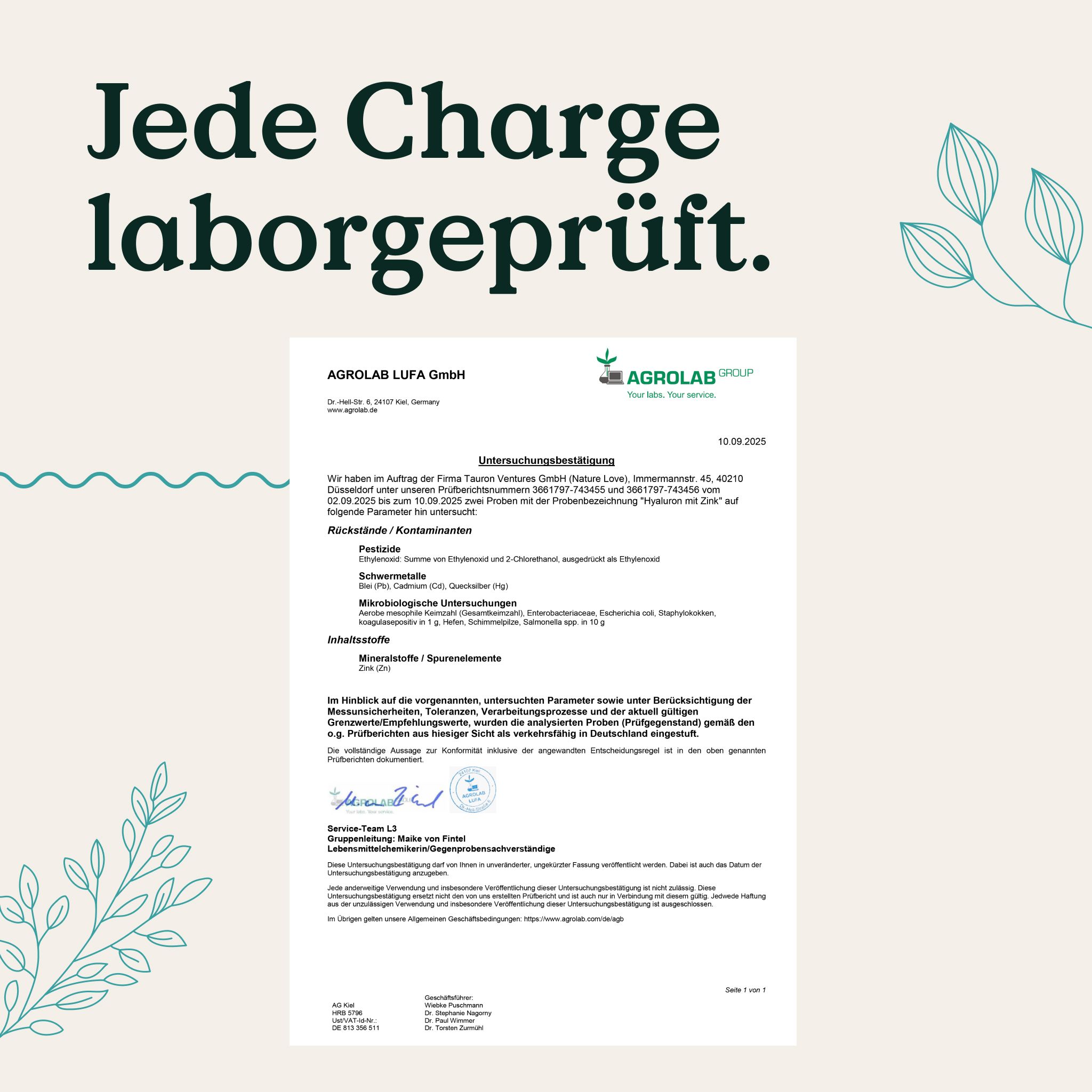 Laborbericht von Agrolab. Text: Jede Charge laborgeprüft.