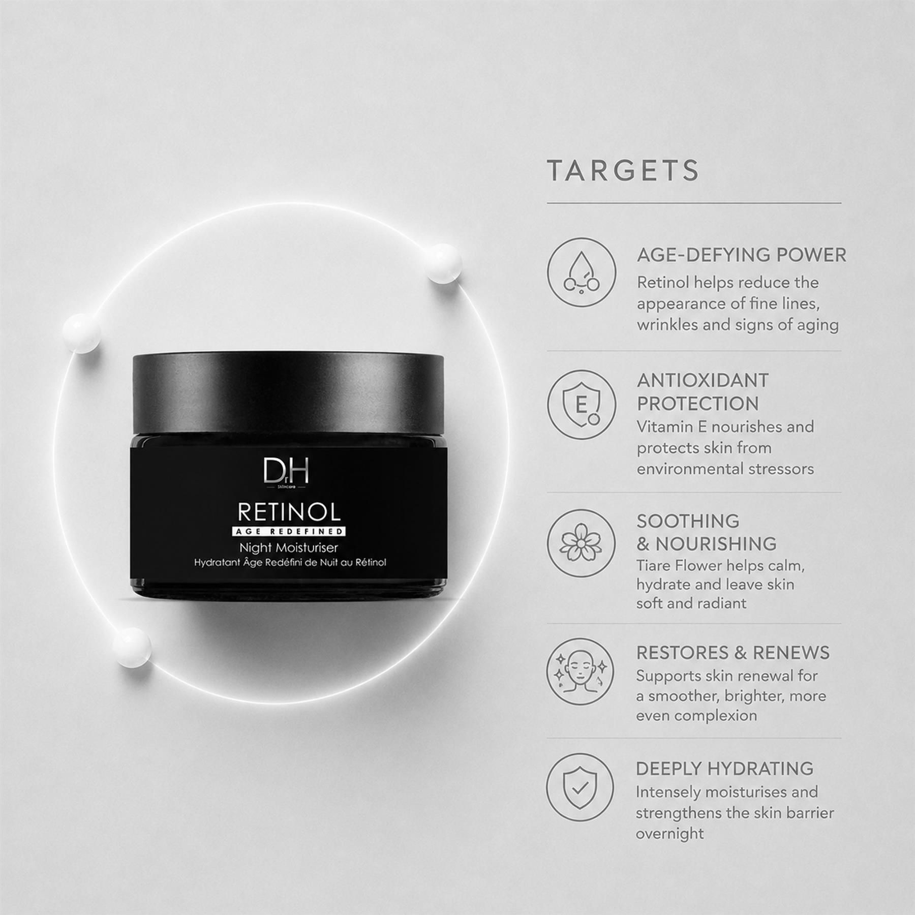 Dr H Retinol Age Redefined Nachtcreme im Glasbehälter mit Übersicht der Ziele.