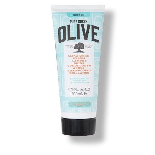 KORRES Pure Greek Olive Glanz Conditioner. Tube mit schwarzem Deckel. Türkis-weißes Design mit Produktnamen und Inhaltsangaben.