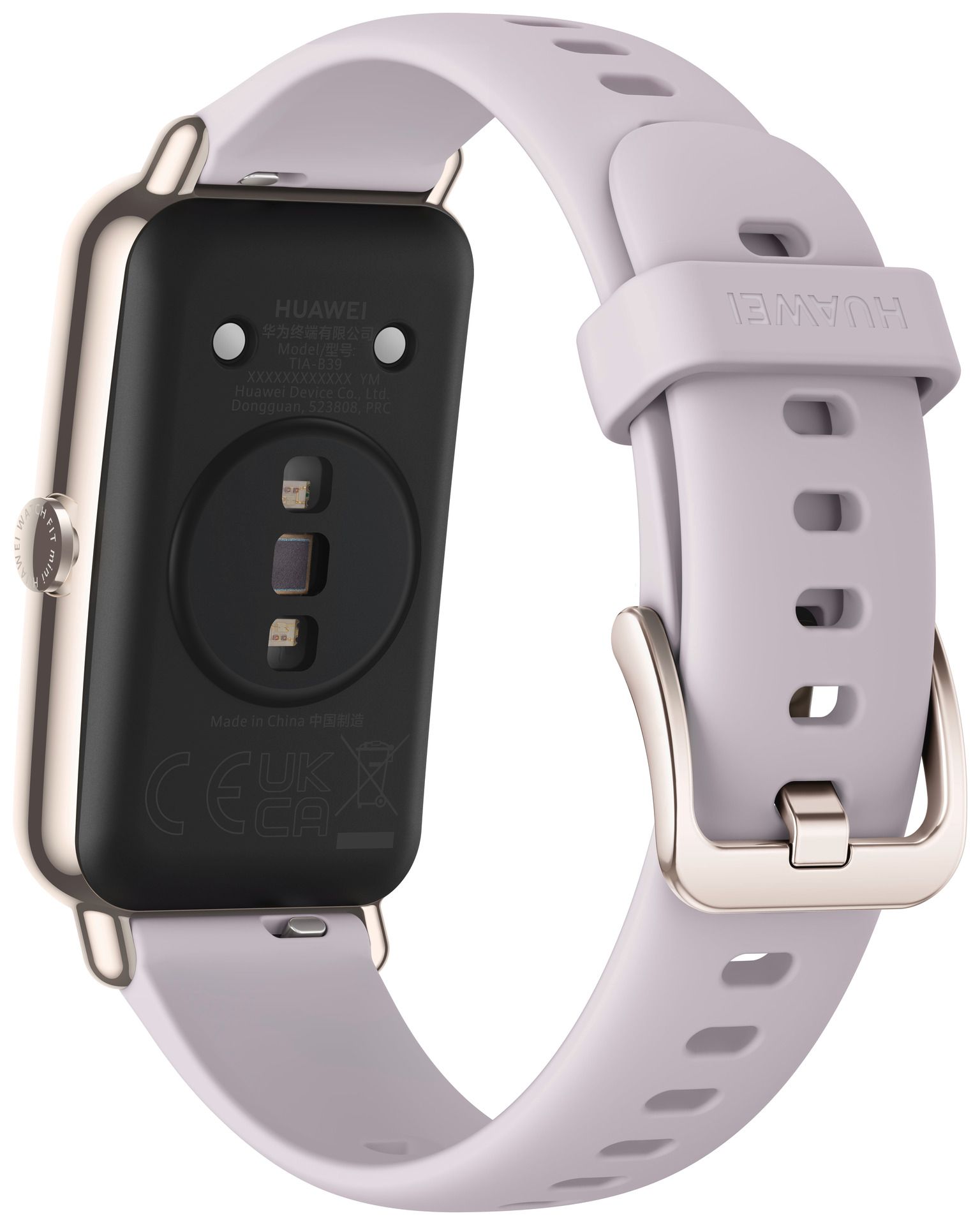 Rückseite der Smartwatch. Sensoren und Markierungen. Armband violett. Marke HUAWEI.
