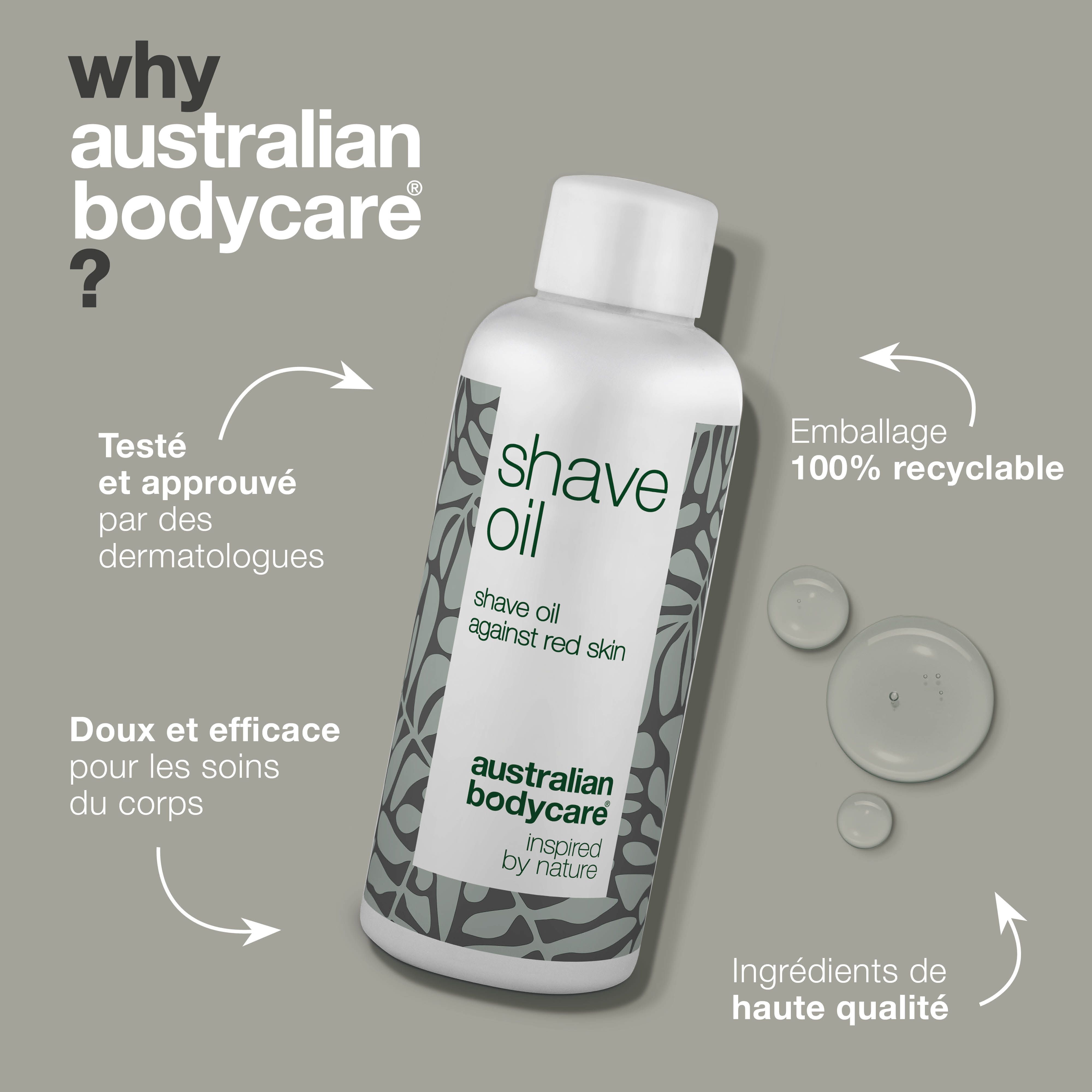 Flacon « Shave Oil » avec texte : Testé par des dermatologues. Emballage 100% recyclable. Ingrédients de qualité.