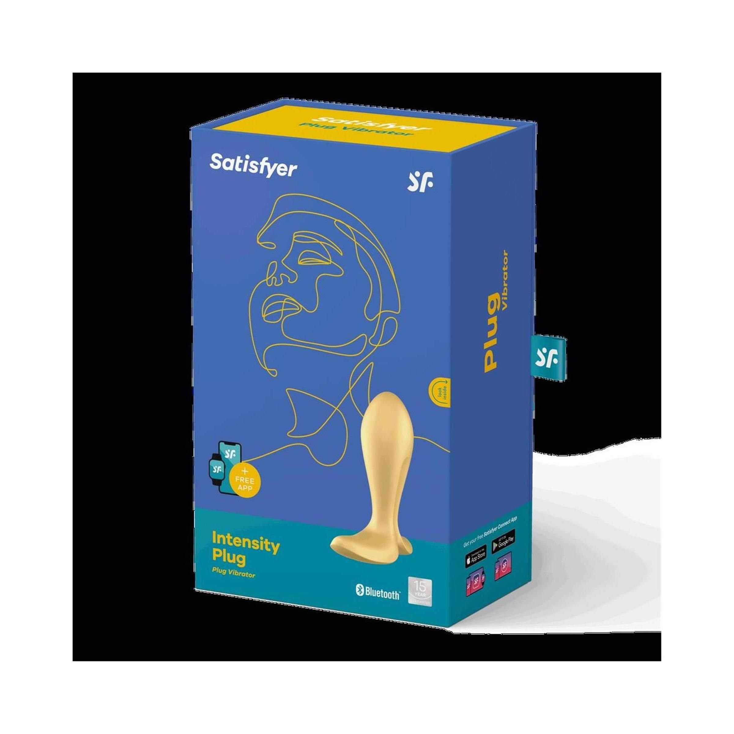 Verpackung von Satisfyer Intensity Plug. Blau, mit Produktabbildung und Logo. Enthält Informationen und App-Hinweise.