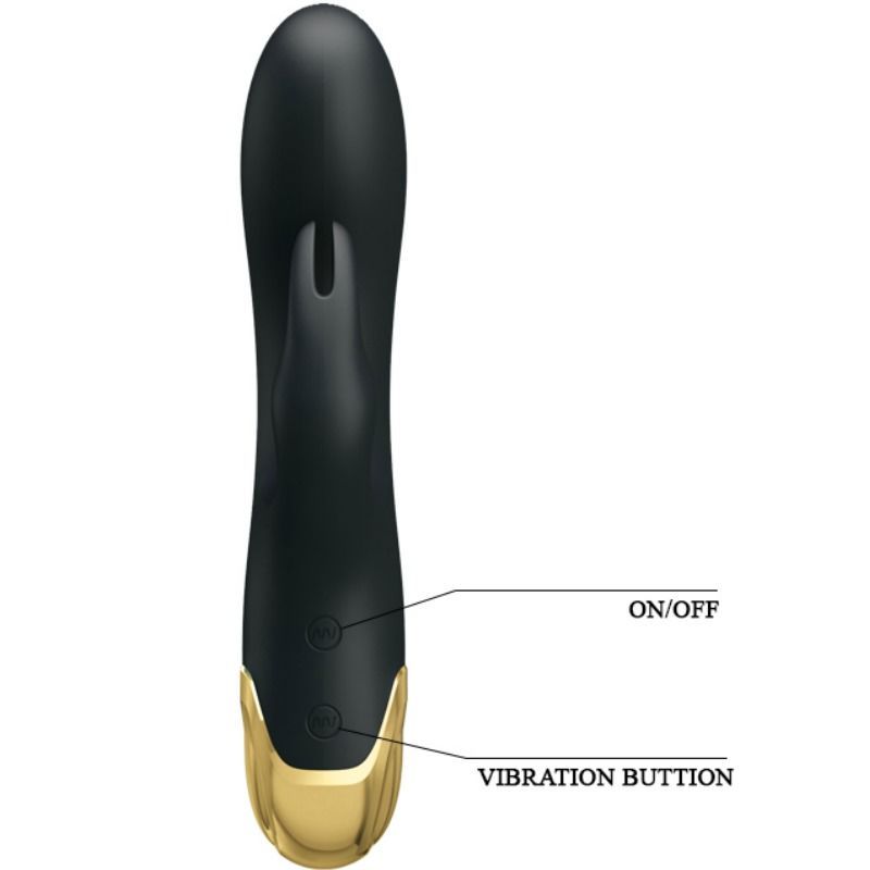 Schwarzer Vibrator mit goldfarbenem Sockel. Mit Ein-/Aus- und Vibrationsknopf.