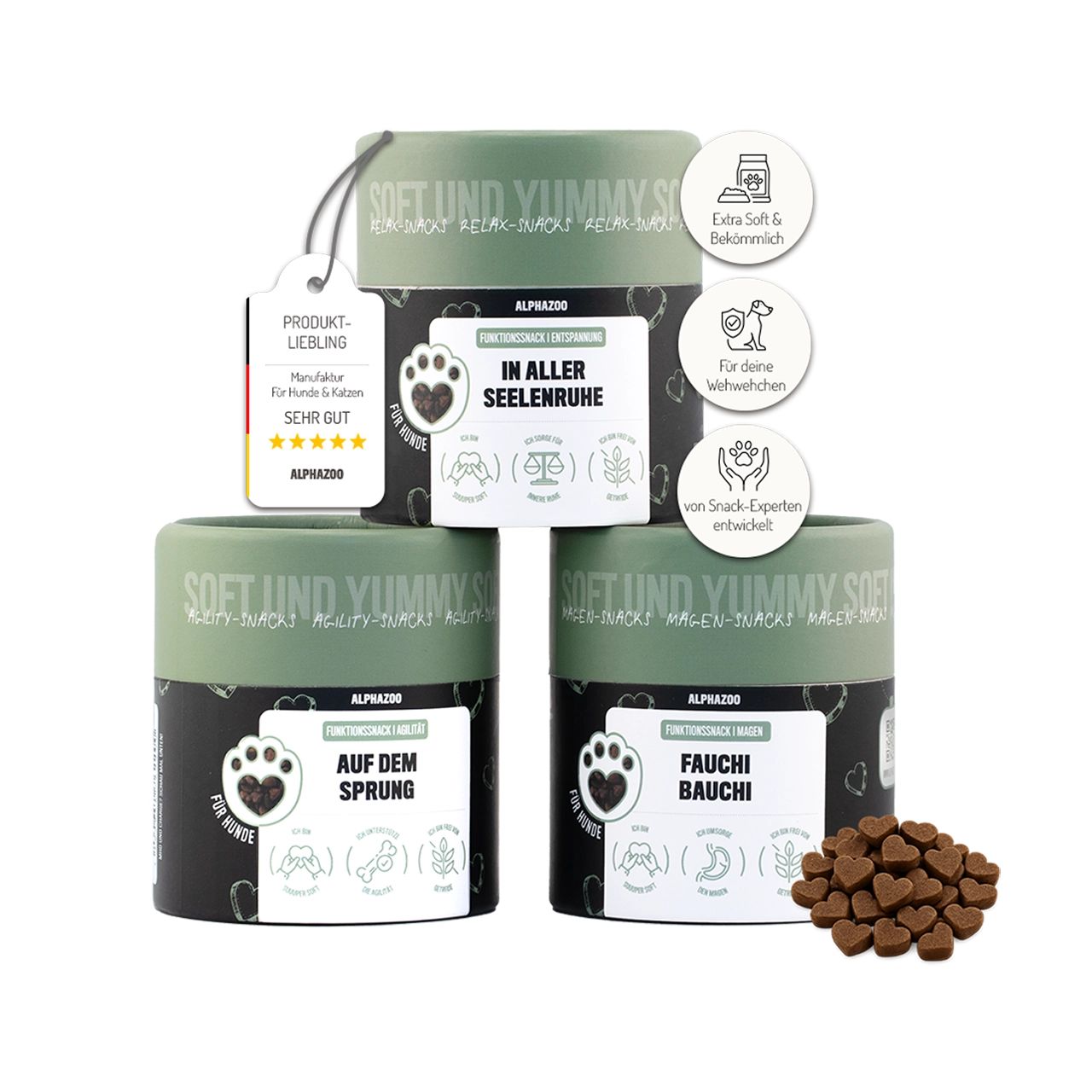 Drei zylindrische Behälter mit Hundesnacks. Aufschrift: alphazoo, Funktion-Snacks. Etikett mit Bewertung. Herzförmige Snacks daneben.